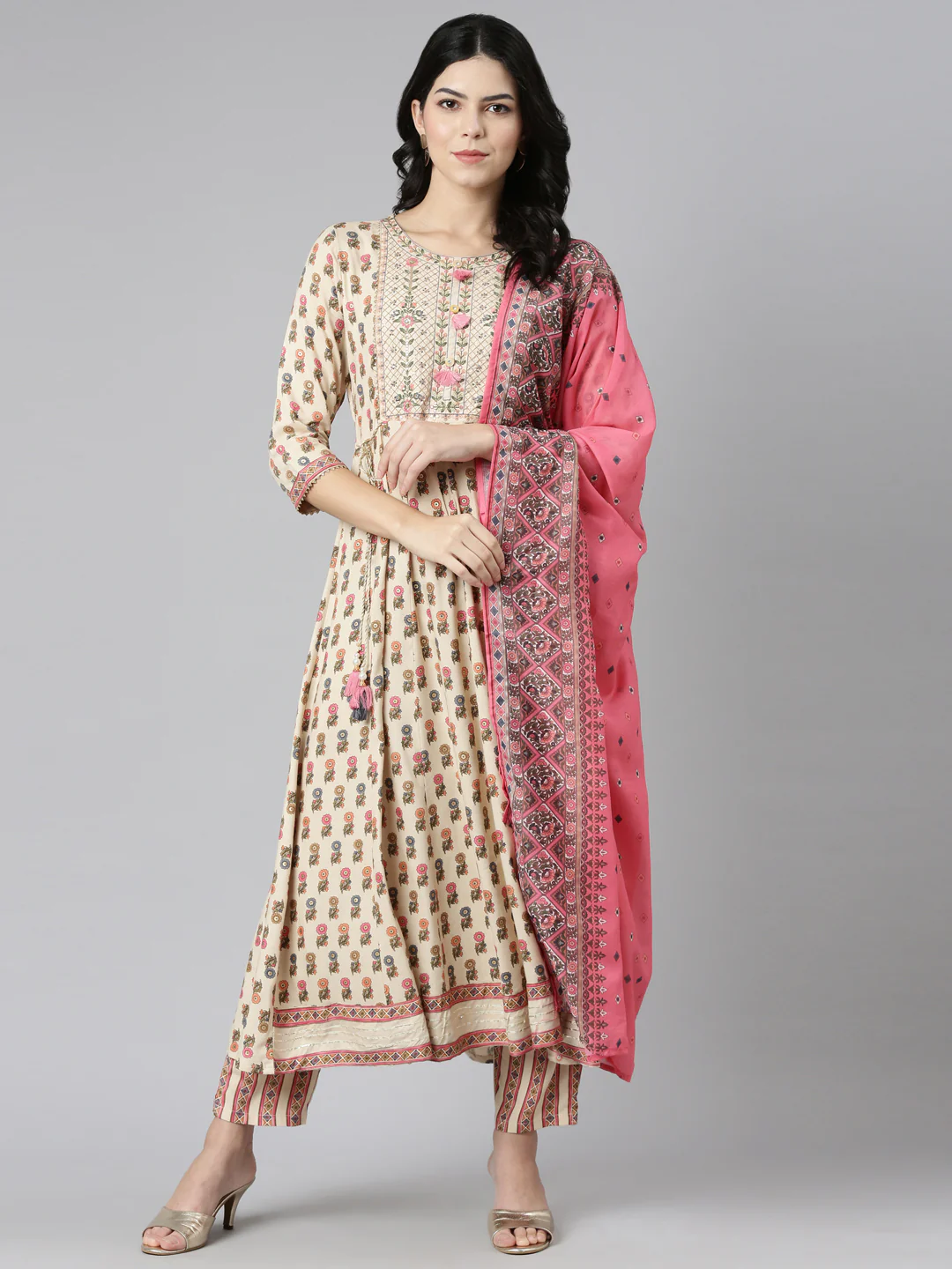 Neerus Cream Regular Straight Printed Readymade suits - Image 5