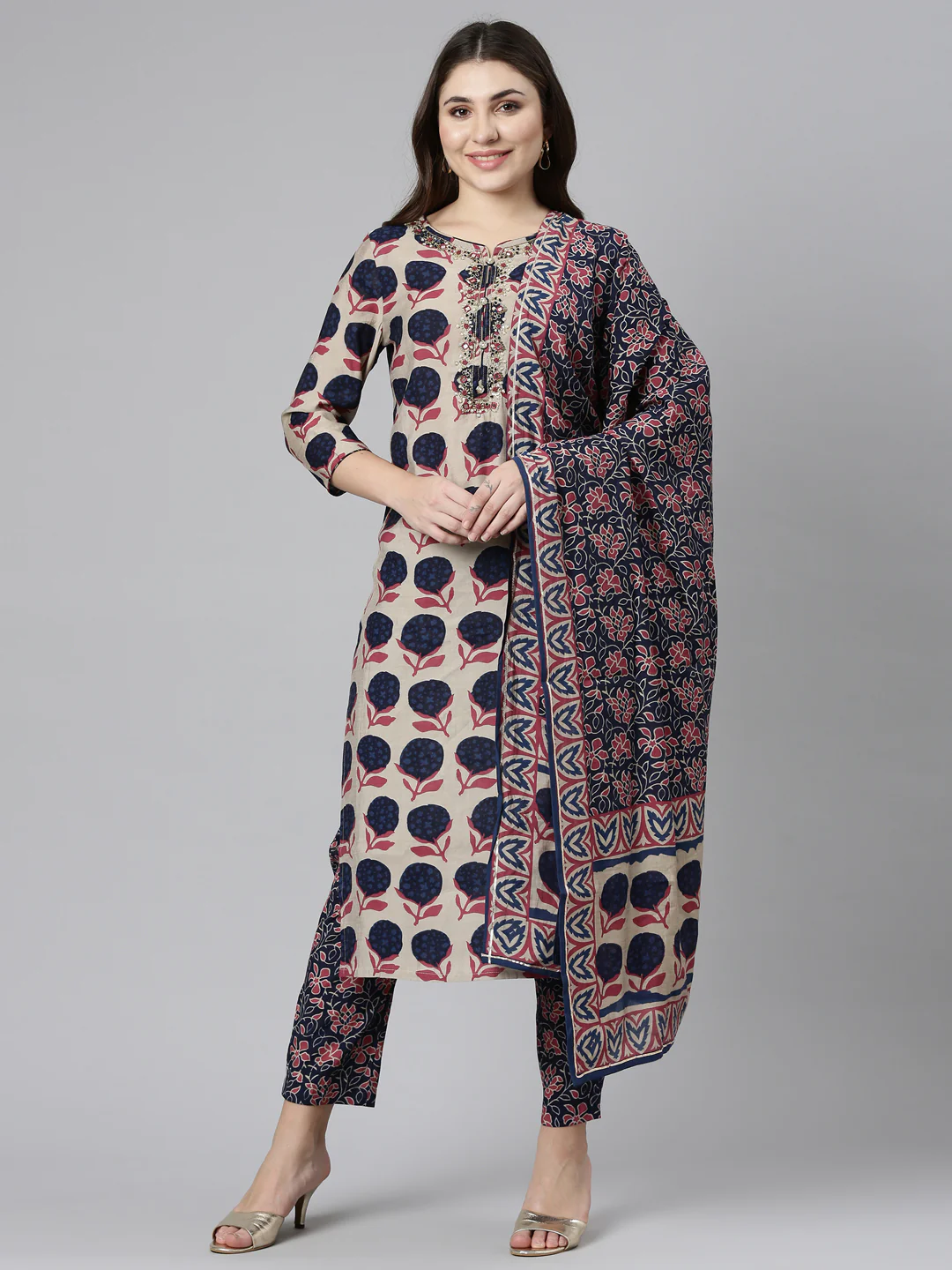 Neerus Cream Regular Straight Printed Readymade suits