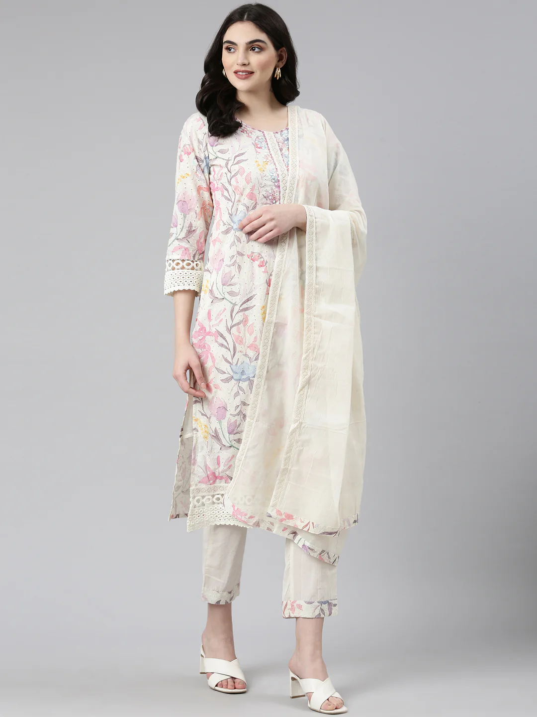 Neerus Cream Regular Straight Printed Readymade suits - Image 5