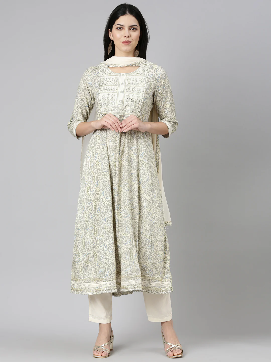 Neerus Cream Regular Straight Printed Readymade suits
