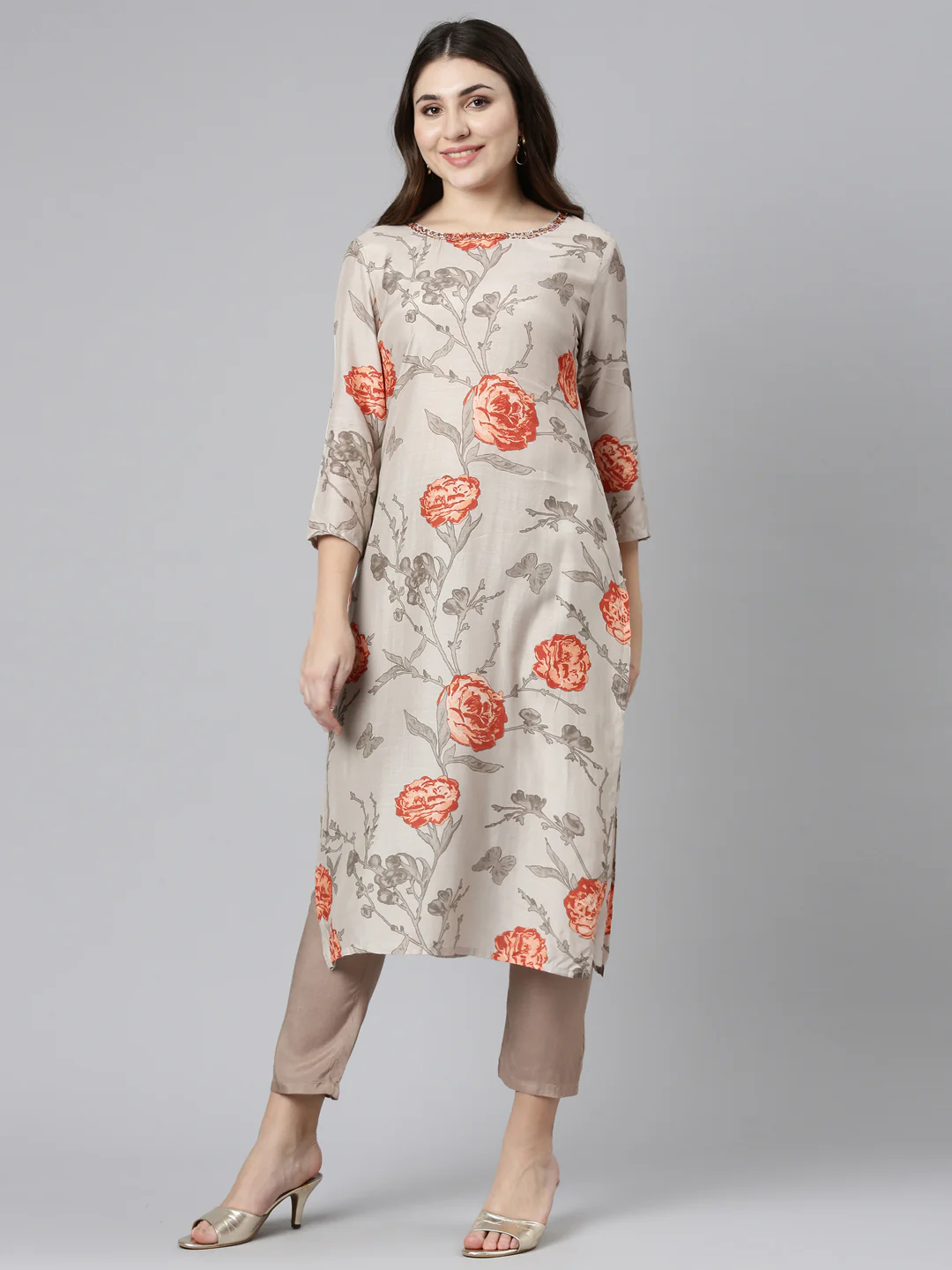 Neerus Cream Regular Straight Printed Kurta