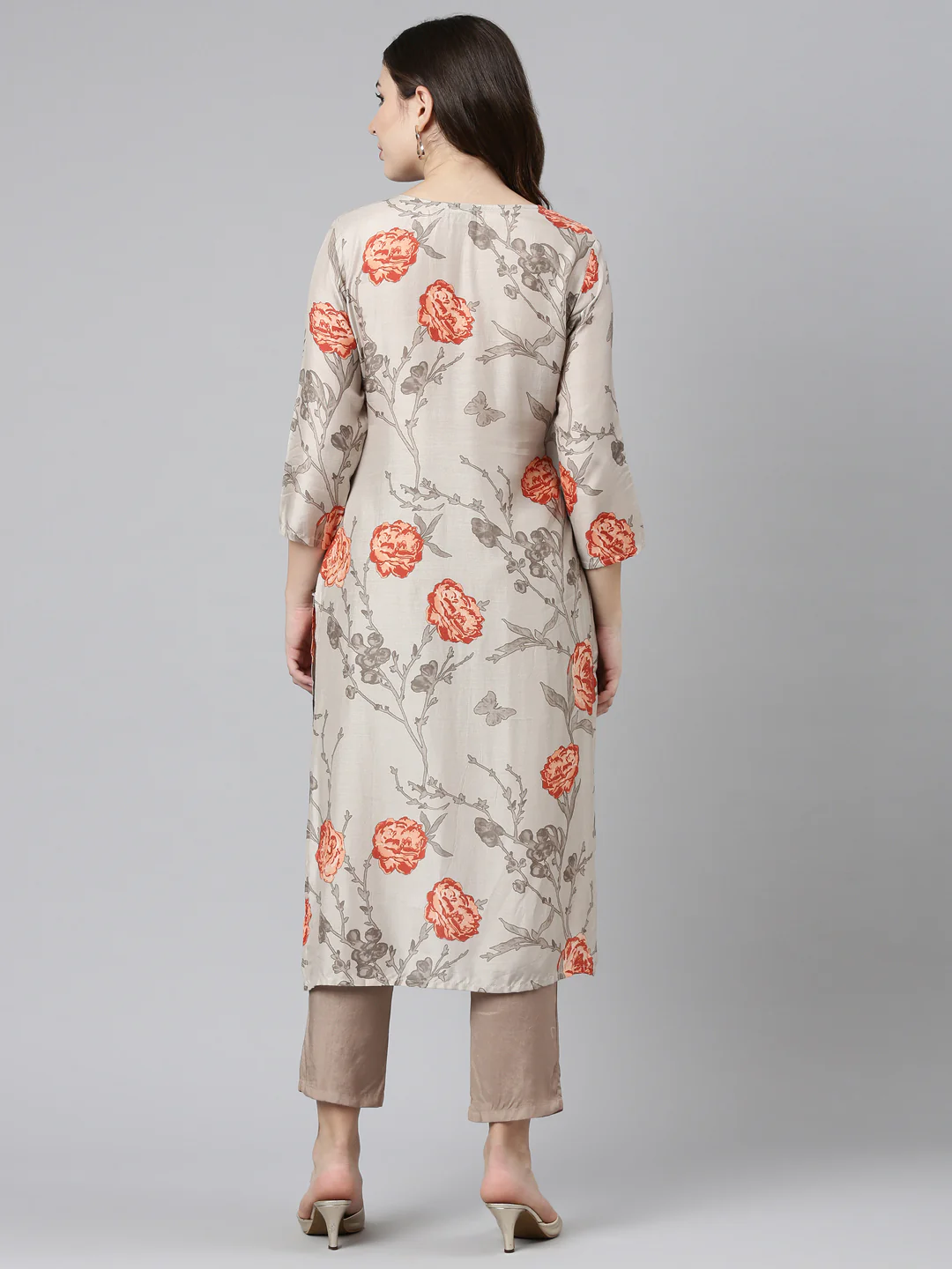 Neerus Cream Regular Straight Printed Kurta - Image 3