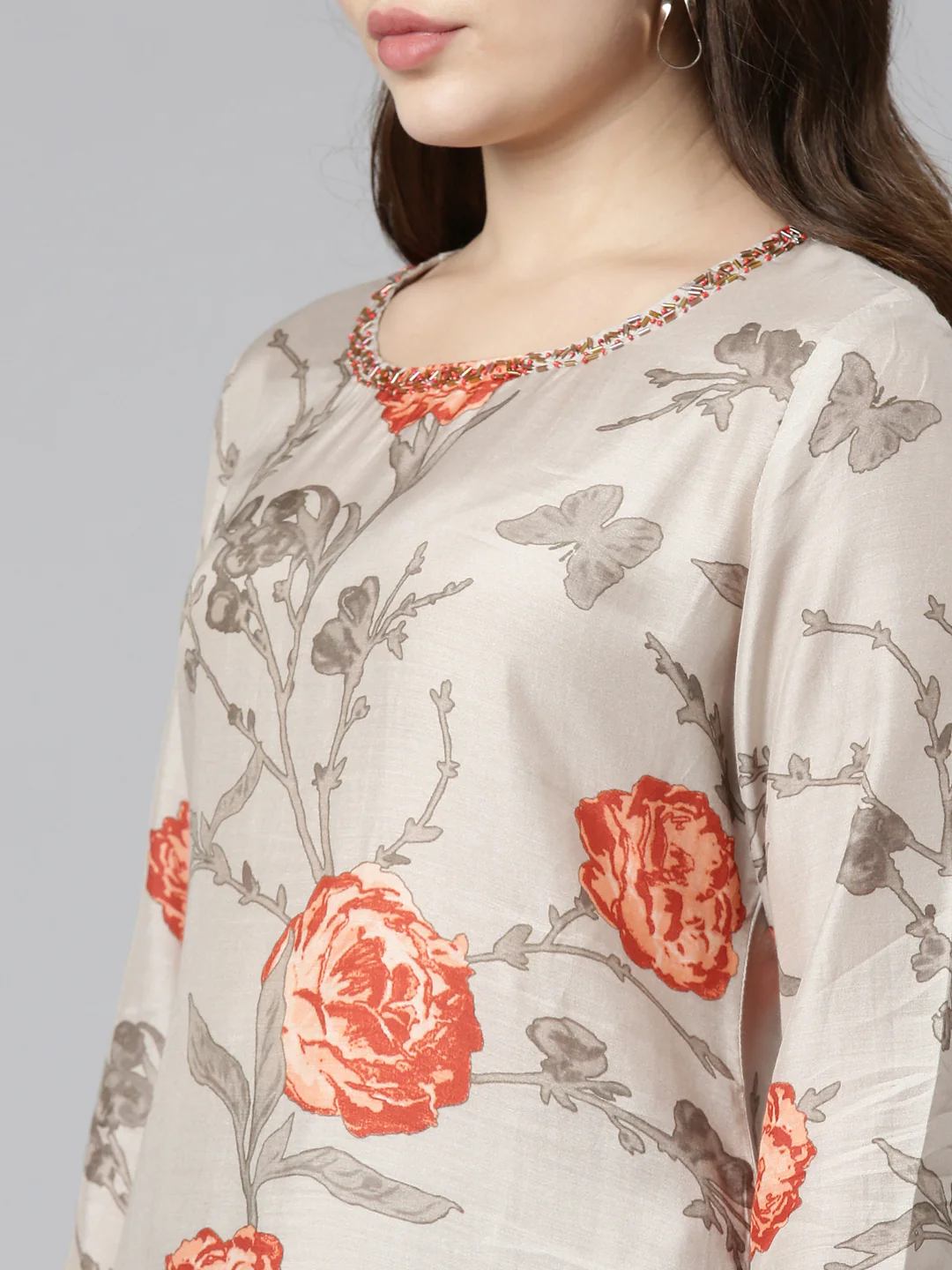 Neerus Cream Regular Straight Printed Kurta - Image 4