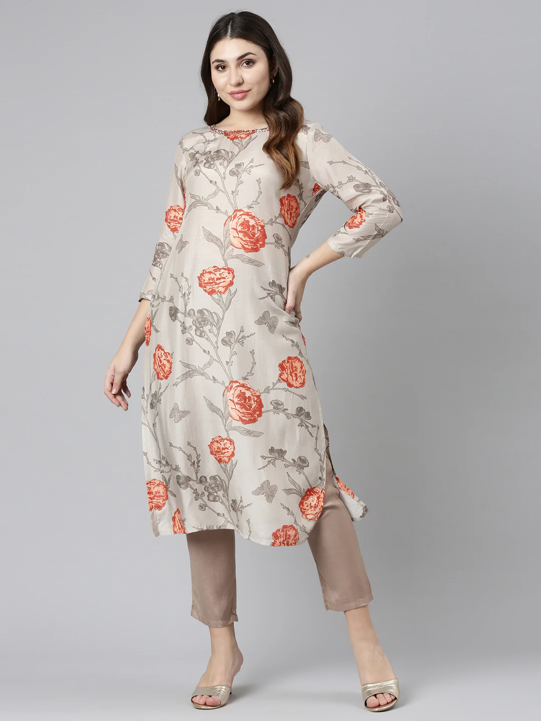 Neerus Cream Regular Straight Printed Kurta - Image 5