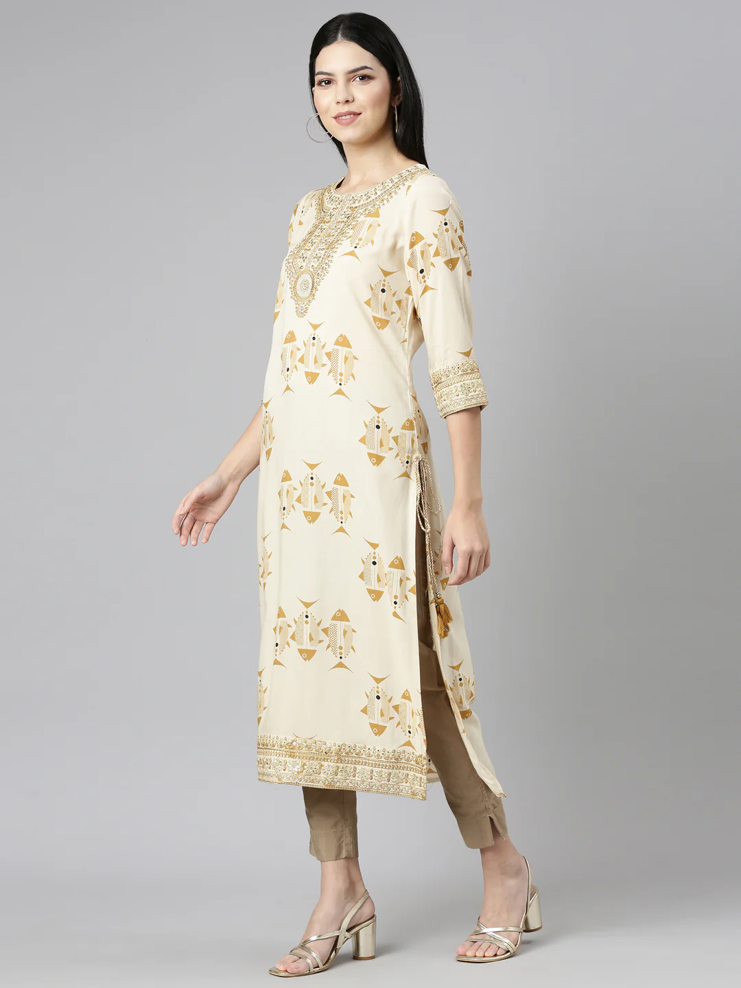 Neerus Cream Regular Straight Printed Kurta - Image 2