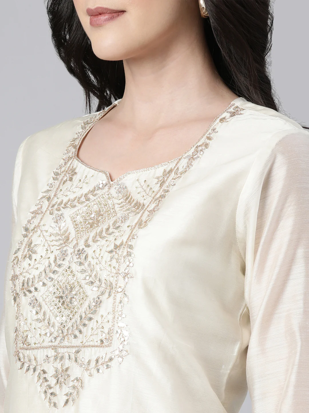 Neerus Cream Regular Straight Solid Kurta And Trousers With Dupatta - Image 4
