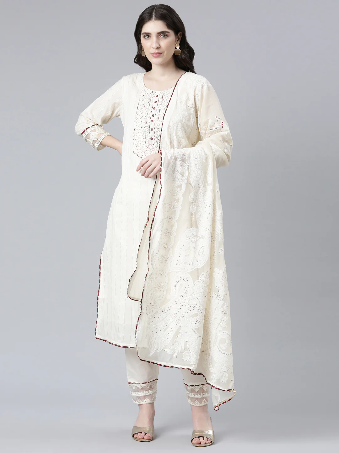 Neerus Cream Regular Straight Solid Readymade suits