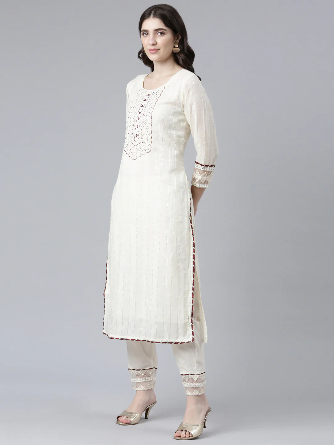 Neerus Cream Regular Straight Solid Readymade suits - Image 2