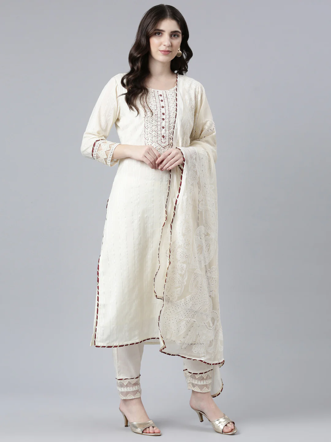 Neerus Cream Regular Straight Solid Readymade suits - Image 5