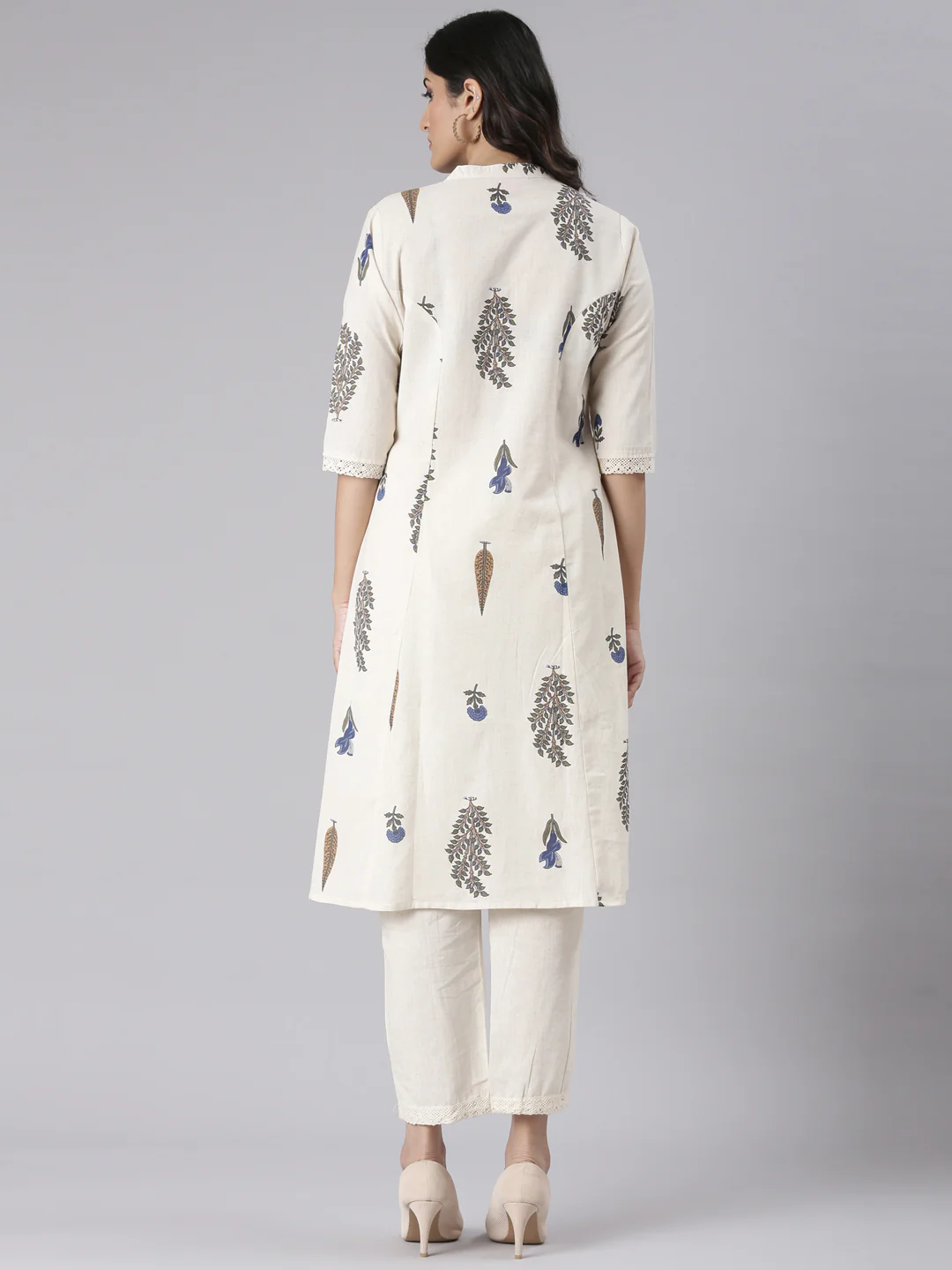 Neerus Cream Solid Straight Kurta and Trousers - Image 3