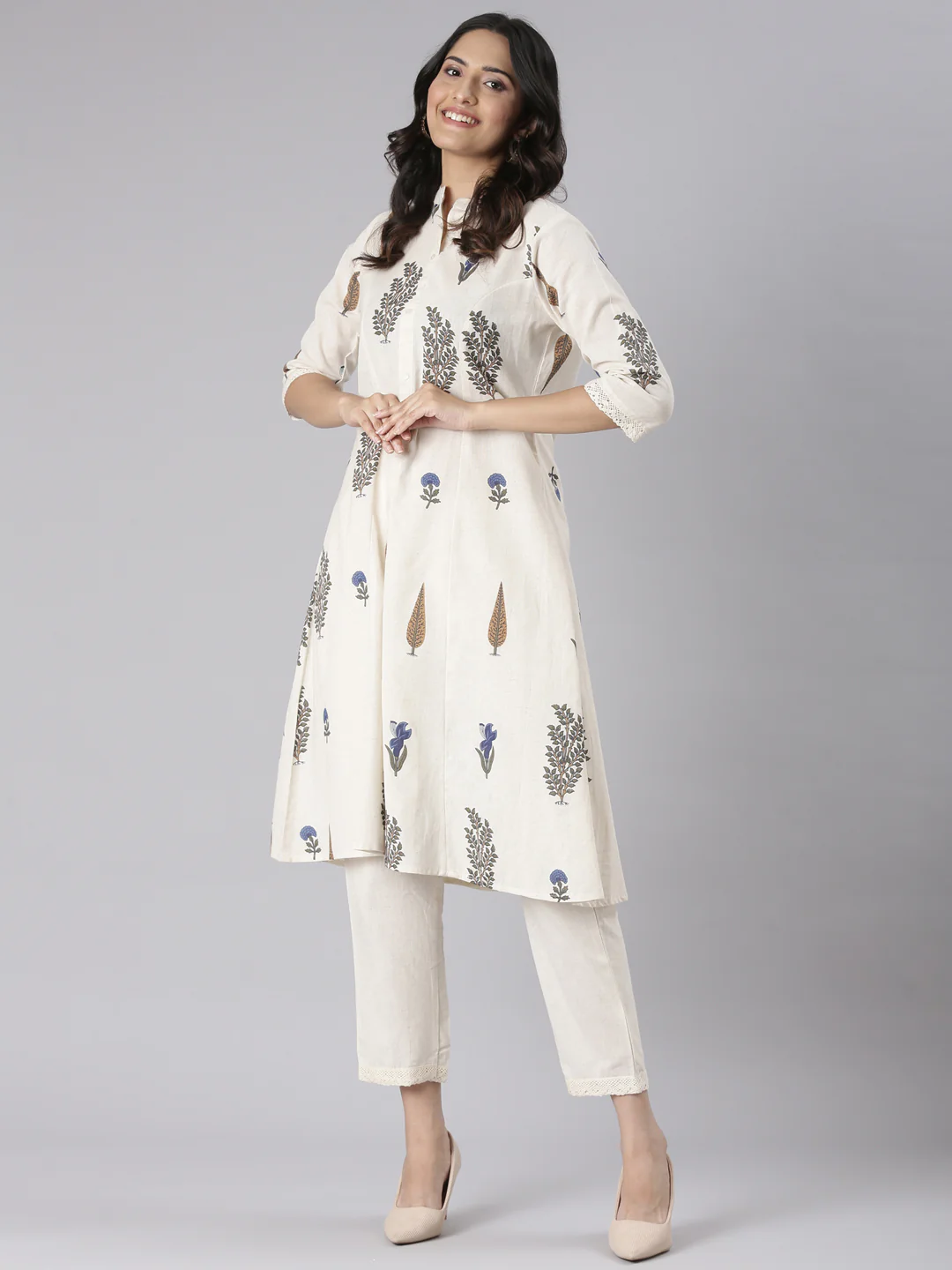 Neerus Cream Solid Straight Kurta and Trousers - Image 5