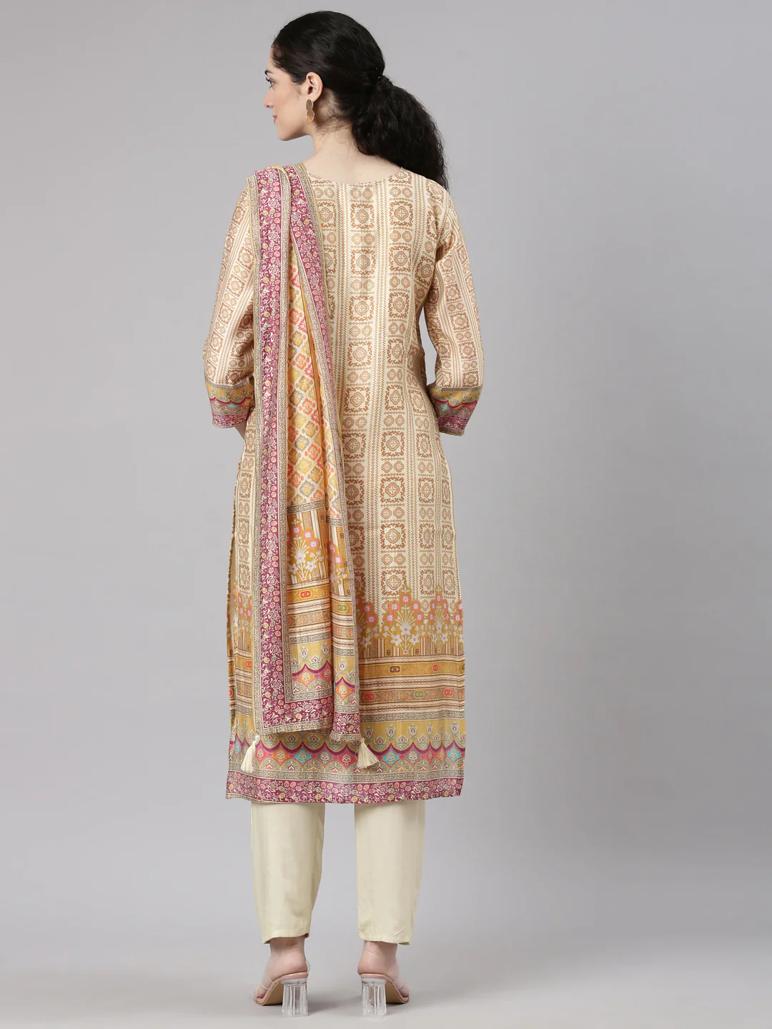 Neerus Cream Straight Casual Abstract Kurta and Trouser with Dupatta - Image 4