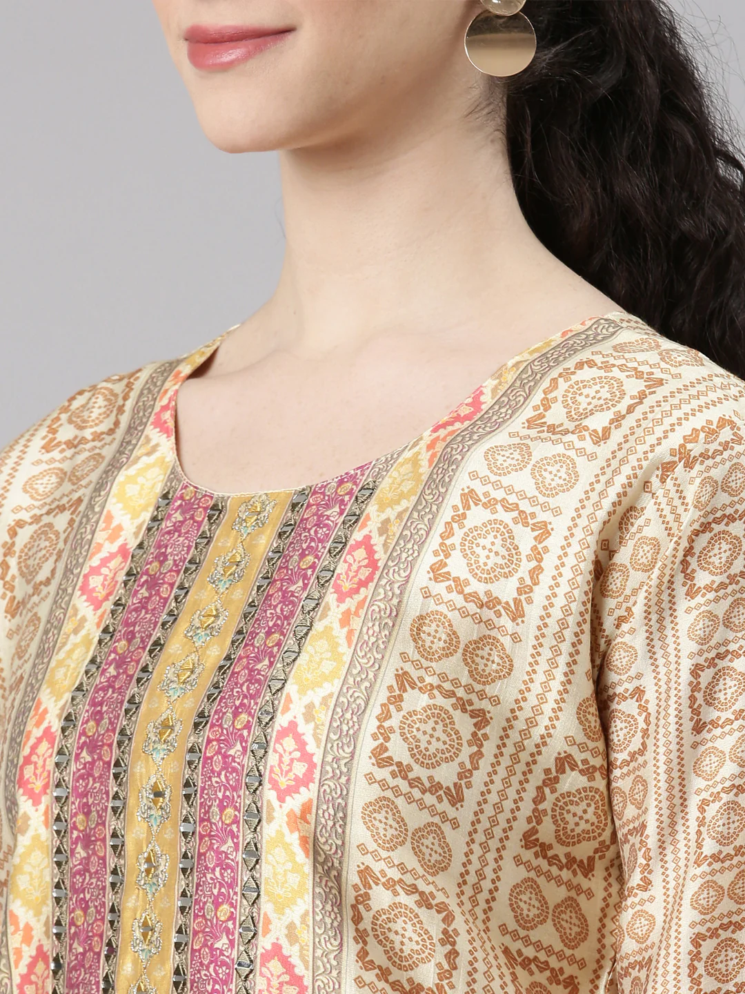 Neerus Cream Straight Casual Abstract Kurta and Trouser with Dupatta - Image 5