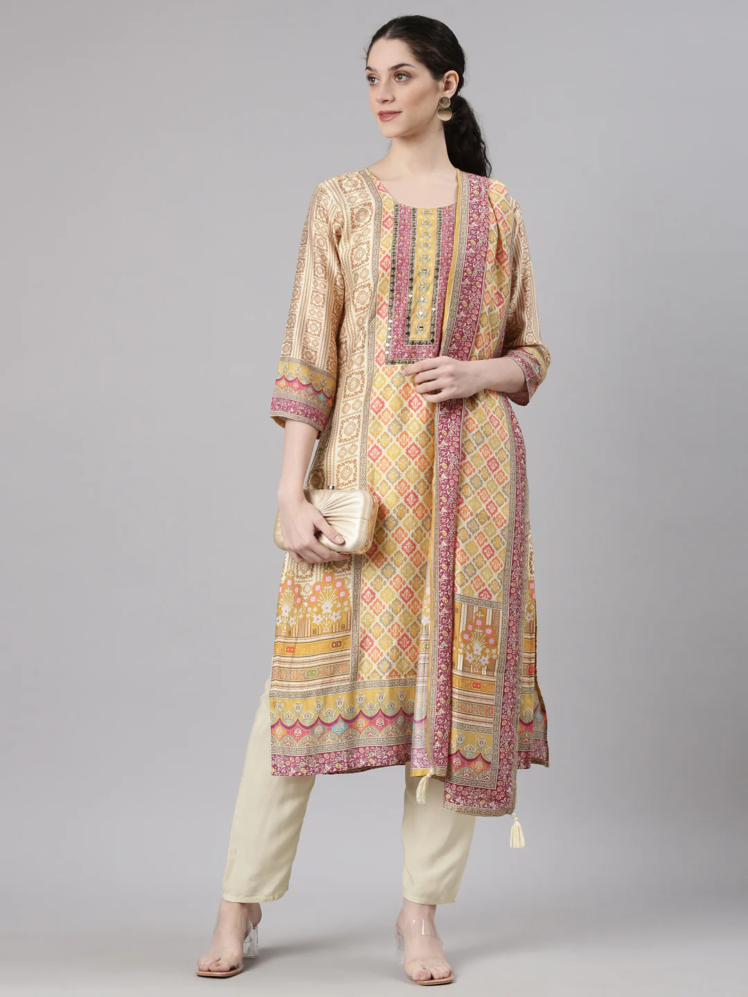 Neerus Cream Straight Casual Abstract Kurta and Trouser with Dupatta - Image 6