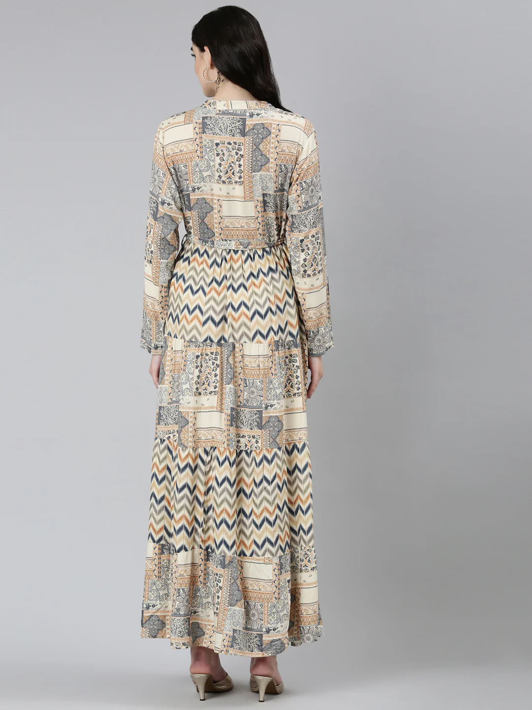 Neerus Cream Straight Casual Chevron Dresses - Image 3