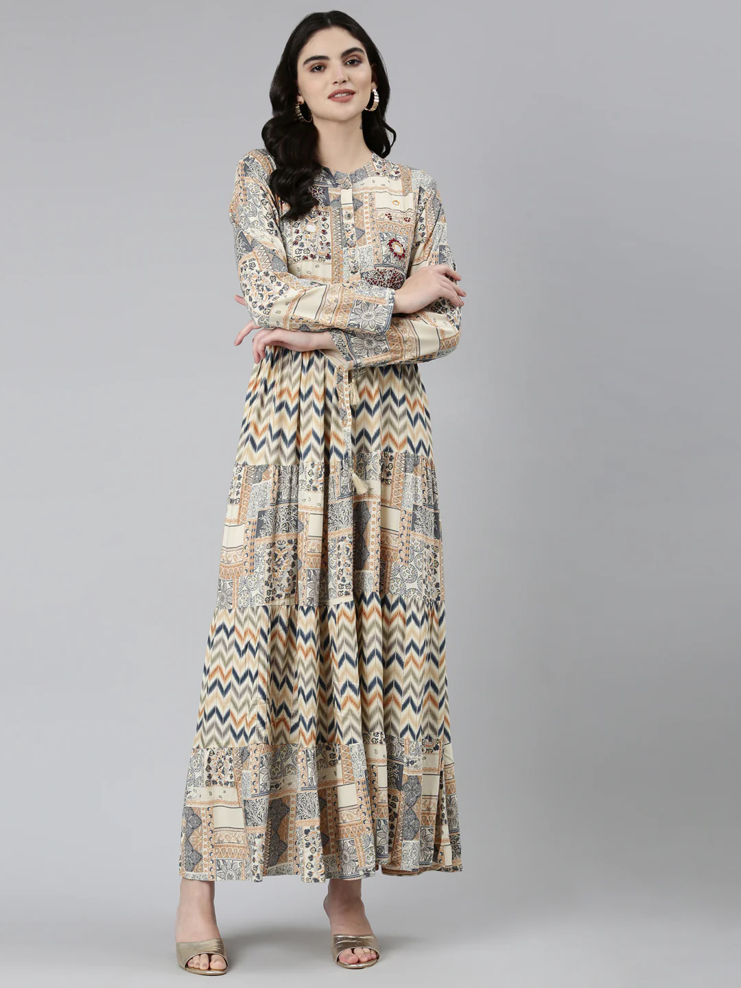 Neerus Cream Straight Casual Chevron Dresses - Image 5