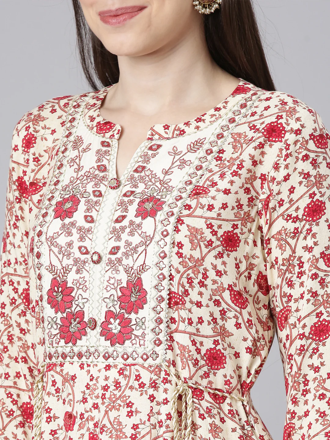 Neerus Cream Straight Casual Floral Dresses - Image 4