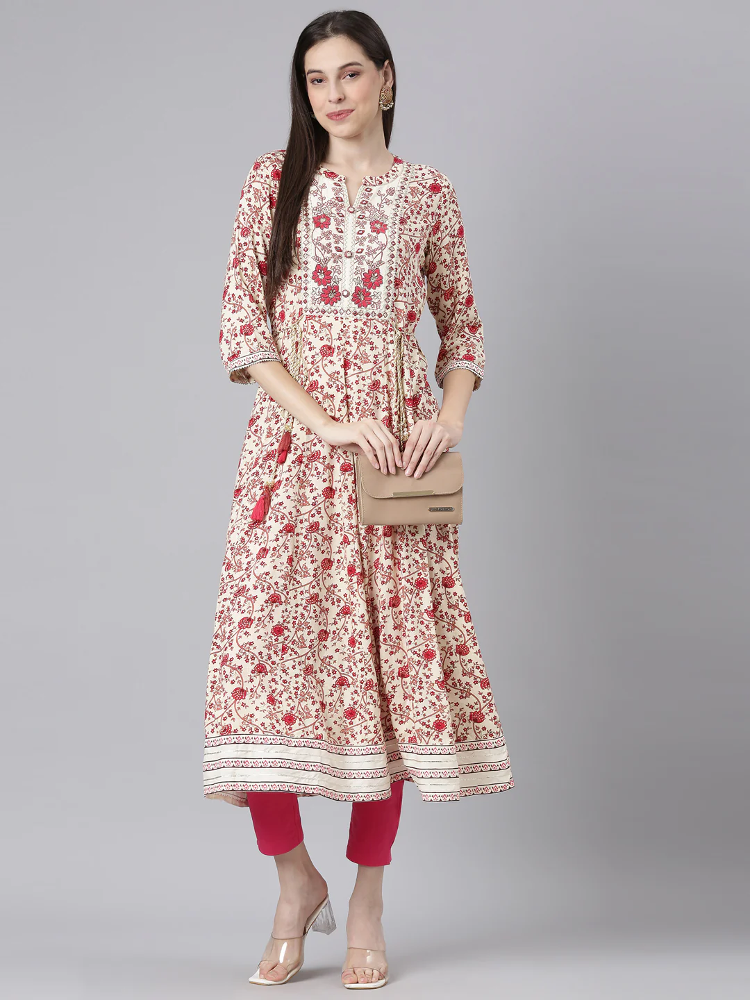 Neerus Cream Straight Casual Floral Dresses - Image 5