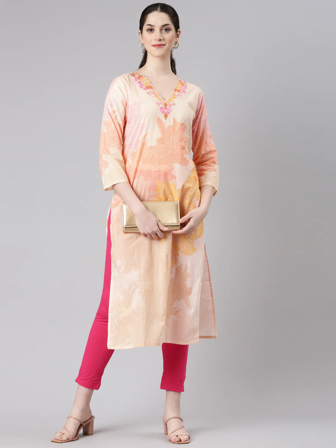 Neerus Cream Straight Casual Floral Kurta - Image 5