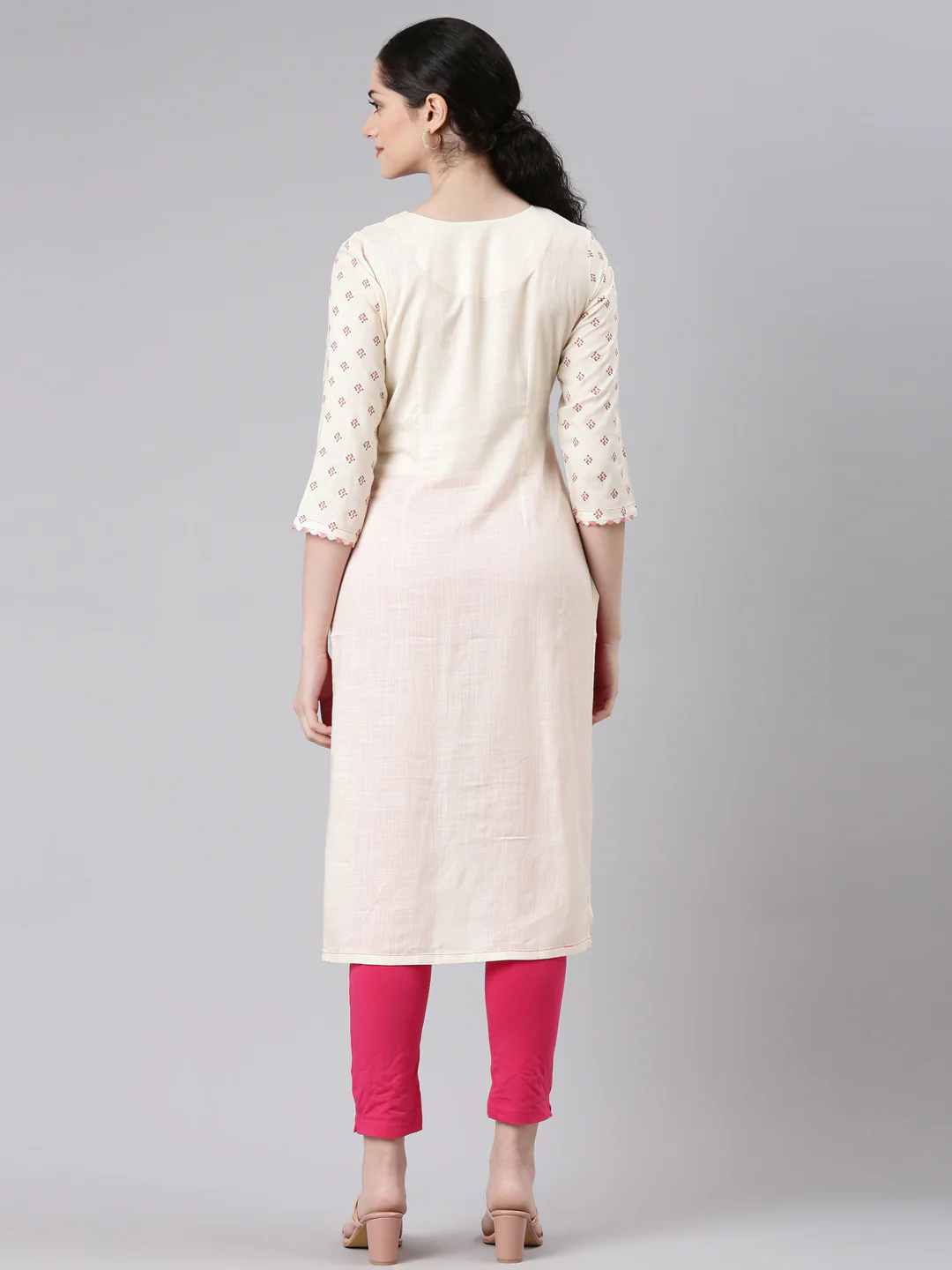 Neerus Cream Straight Casual Floral Panelled Kurta - Image 3