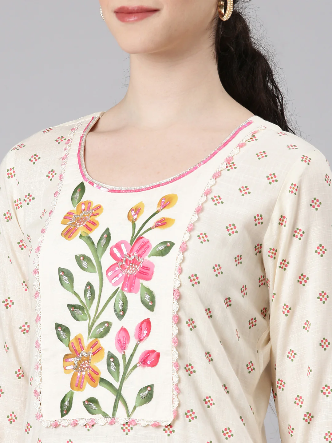 Neerus Cream Straight Casual Floral Panelled Kurta - Image 4