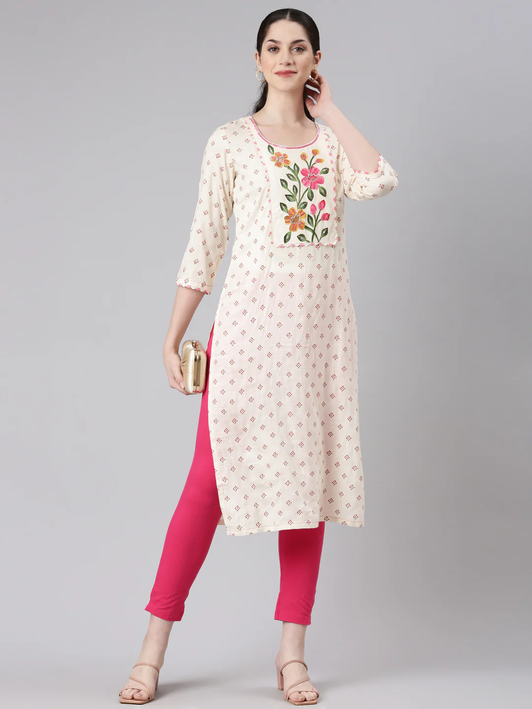 Neerus Cream Straight Casual Floral Panelled Kurta - Image 5