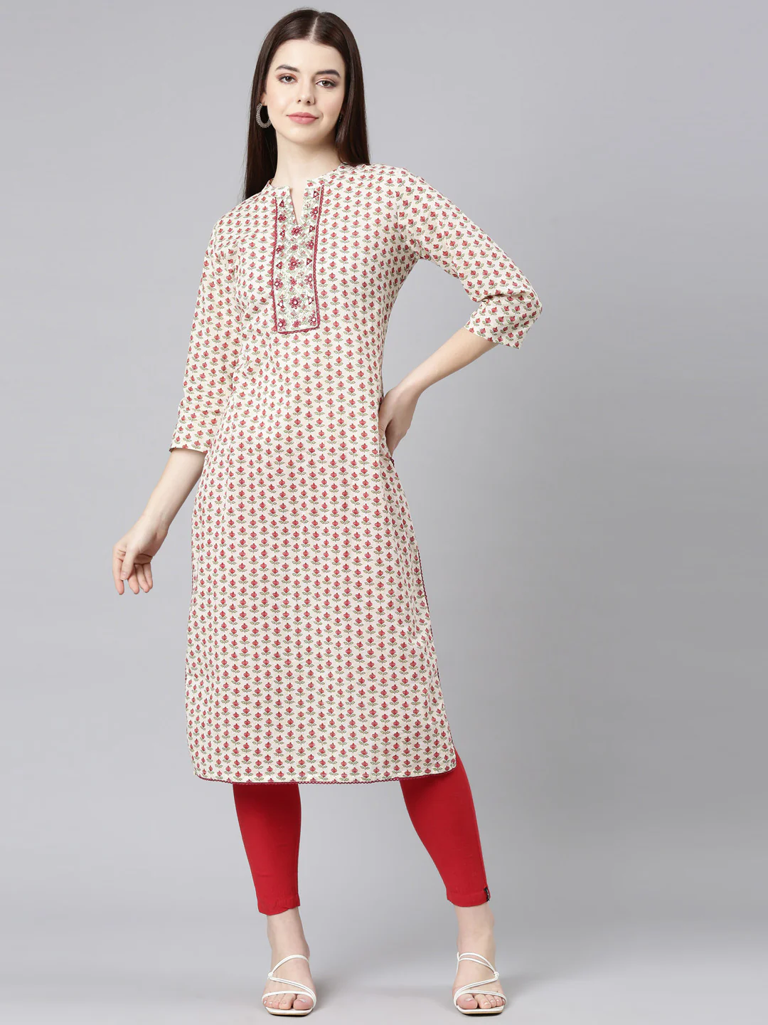 Neerus Cream Straight Casual Floral Straight Kurta