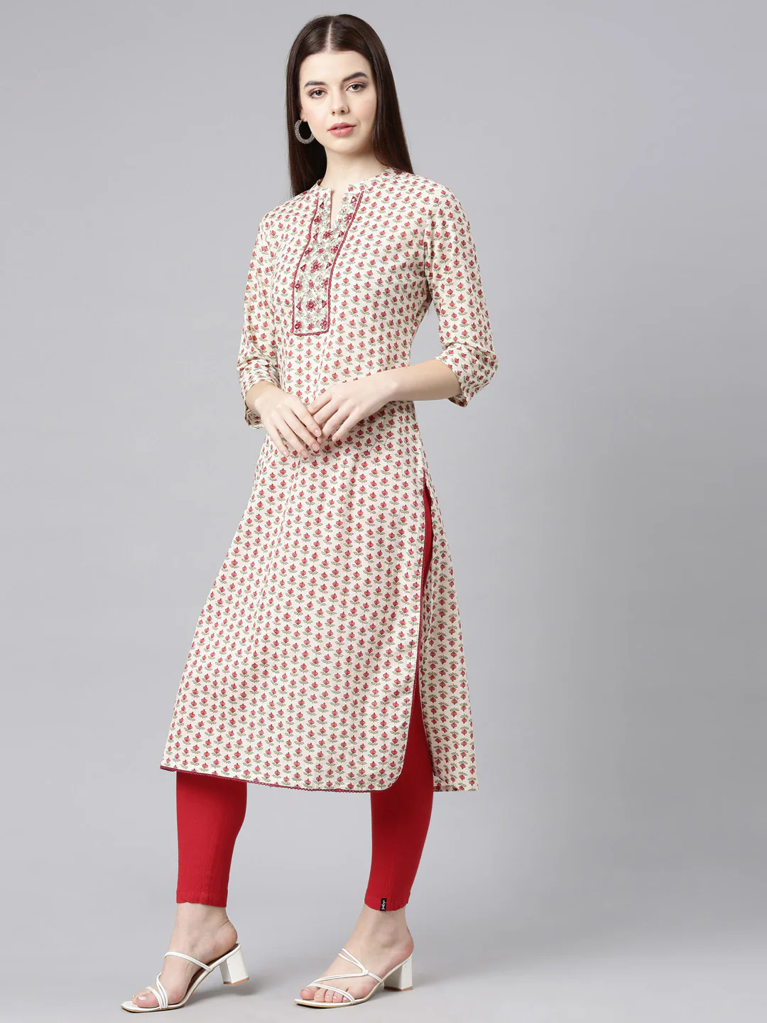 Neerus Cream Straight Casual Floral Straight Kurta - Image 3