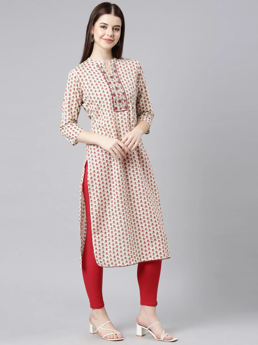 Neerus Cream Straight Casual Floral Straight Kurta - Image 4
