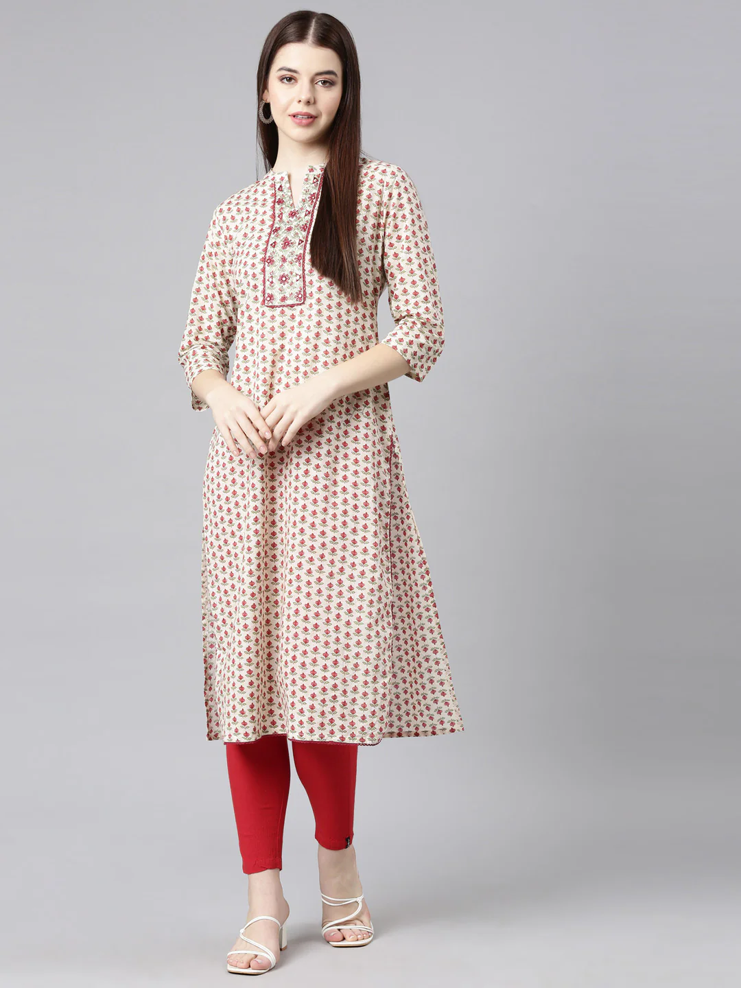 Neerus Cream Straight Casual Floral Straight Kurta - Image 6
