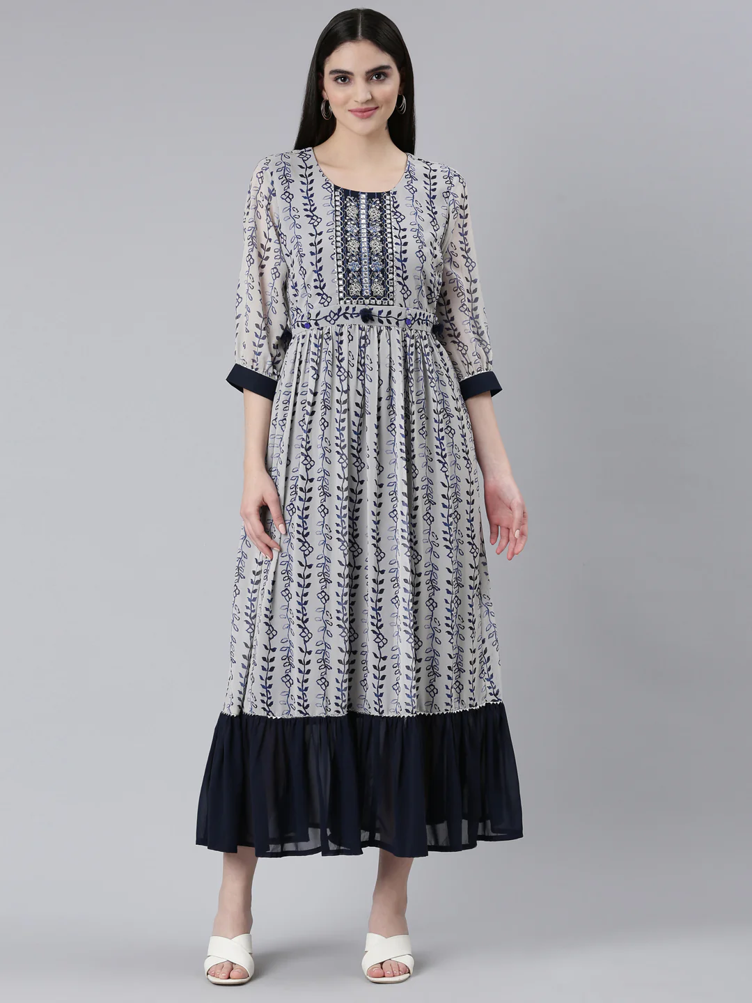 Neerus Cream Straight Casual Printed Dress
