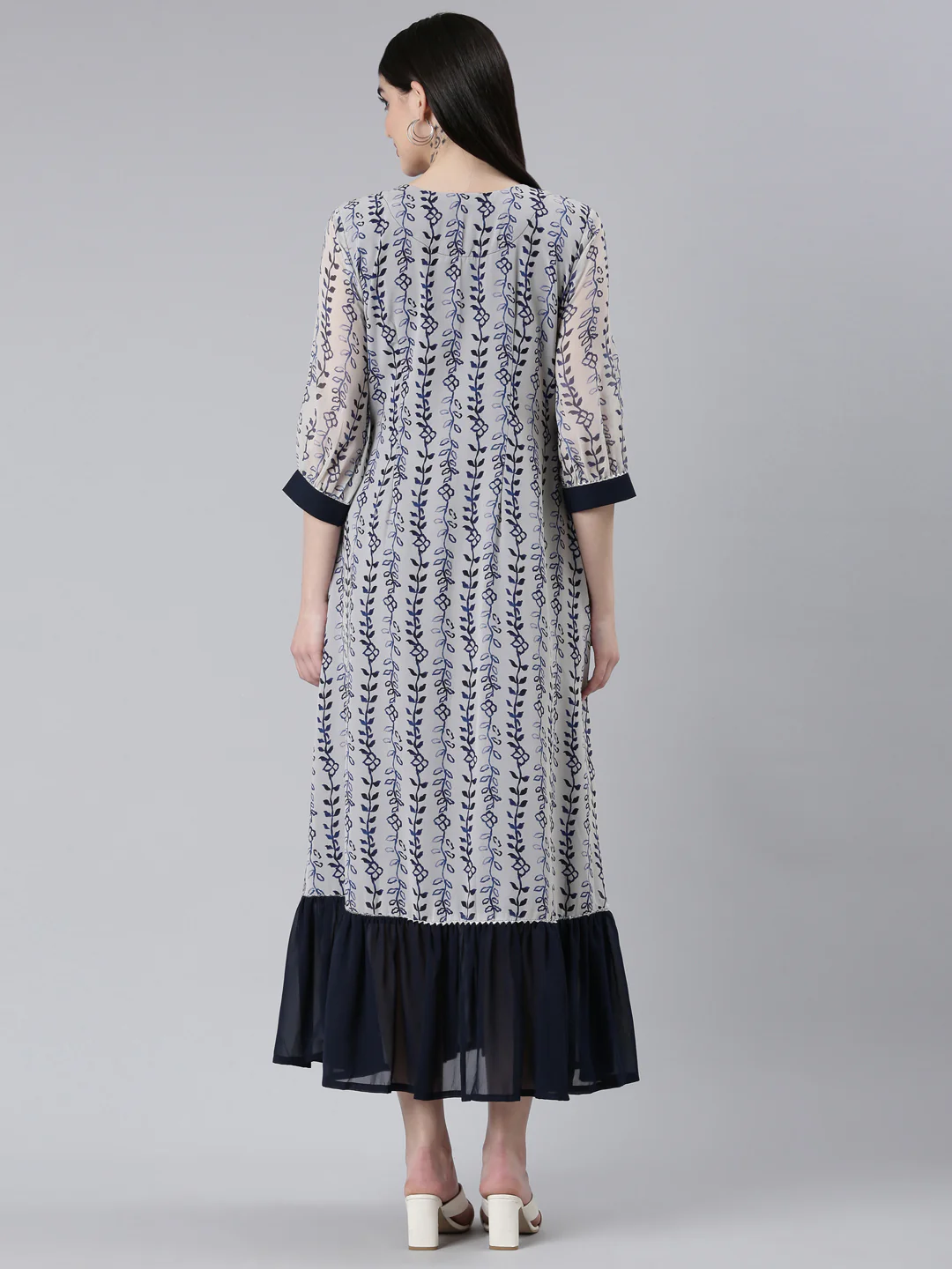 Neerus Cream Straight Casual Printed Dress - Image 3