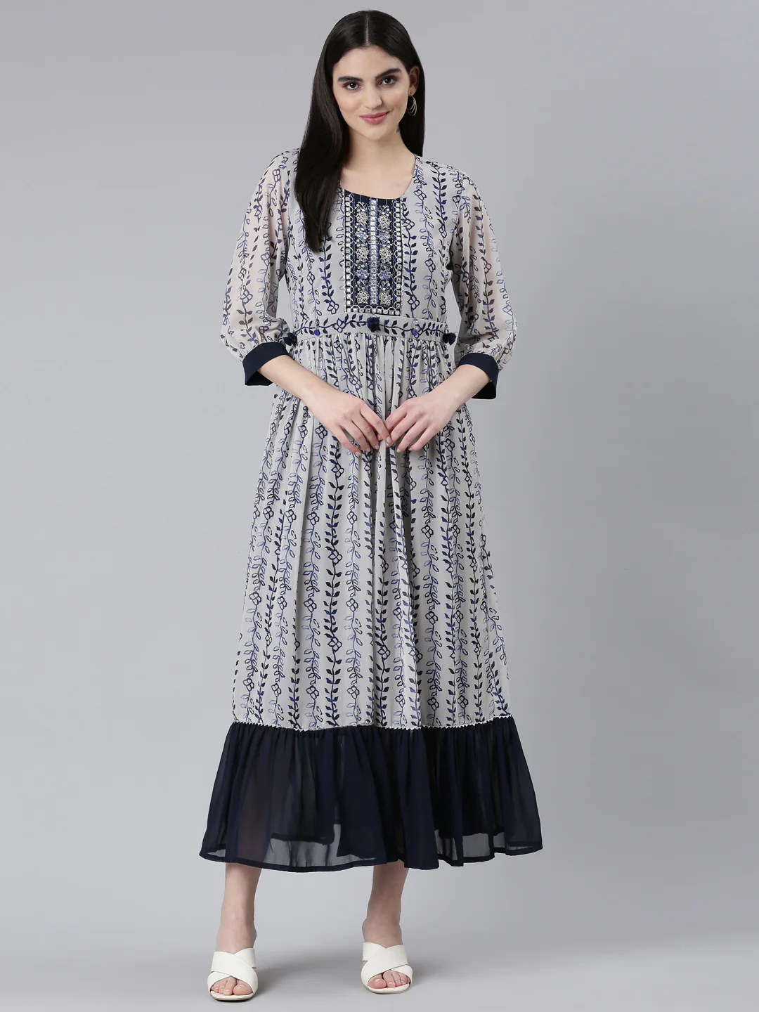 Neerus Cream Straight Casual Printed Dress - Image 5