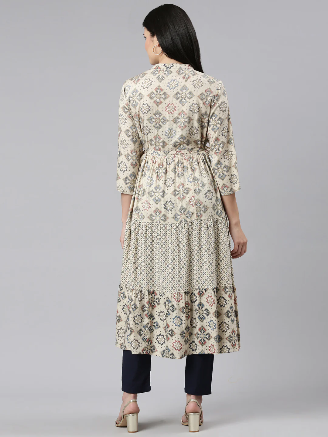 Neerus Cream Straight Casual Printed Maxi Dresses - Image 3