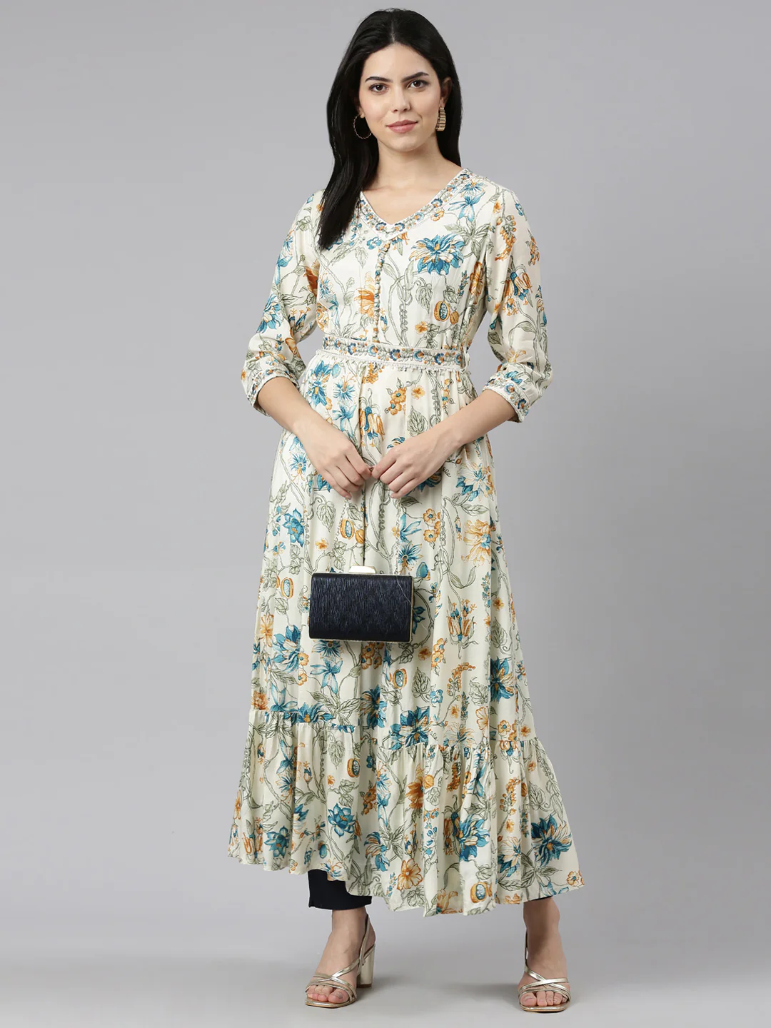 Neerus Cream Straight Casual Printed Maxi Dresses - Image 5