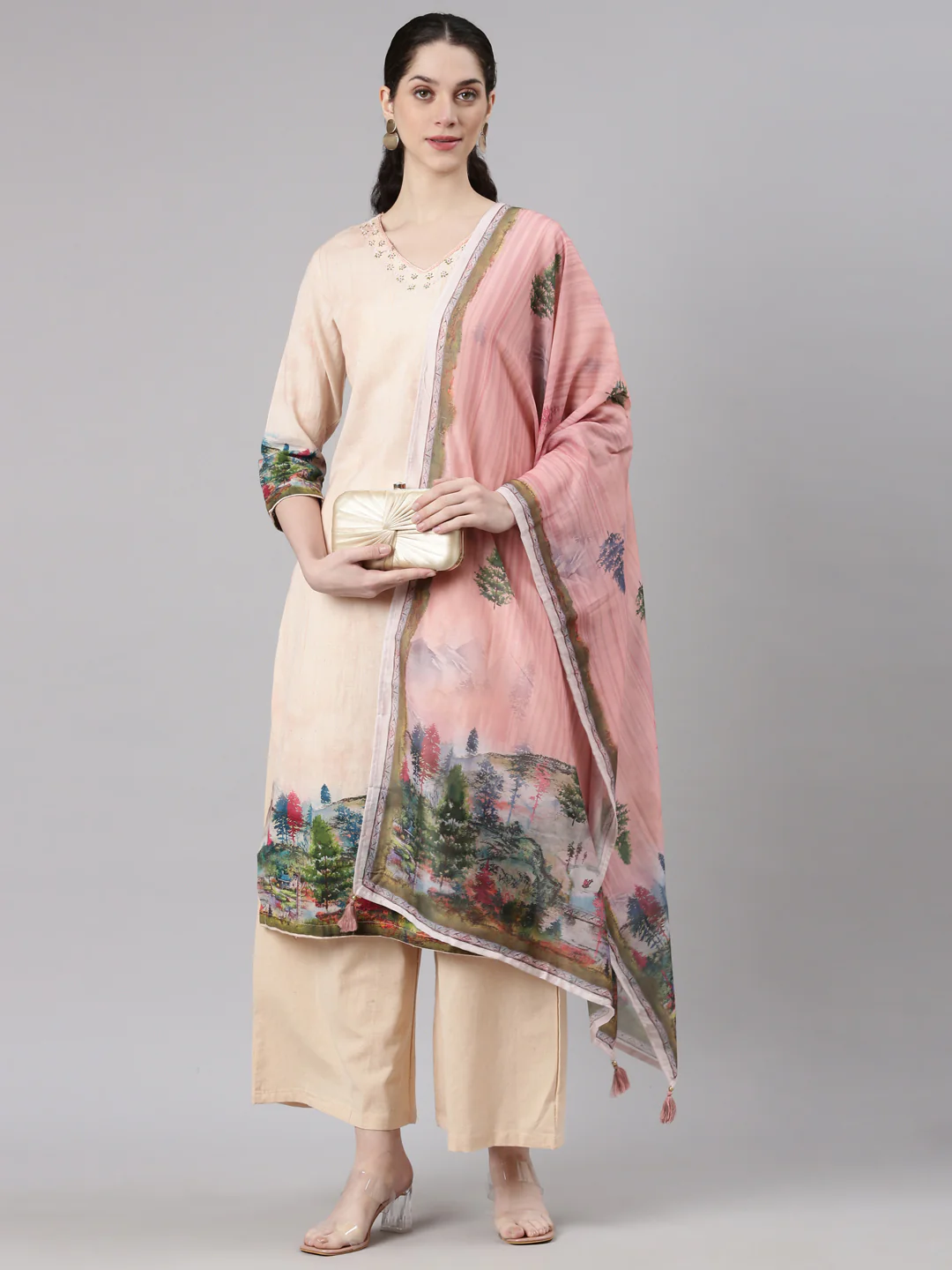 Neerus Cream Straight Casual Solid Kurta and Plazzo with Dupatta - Image 6