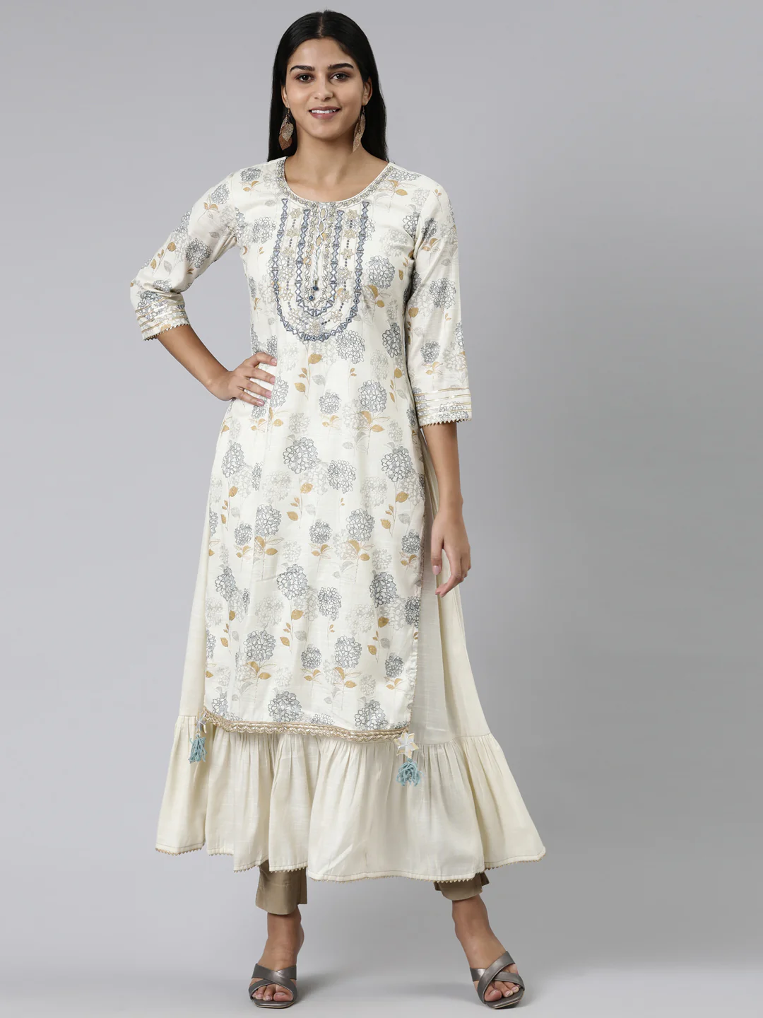 Neerus Cream Straight Printed Viscose Rayon Kurta