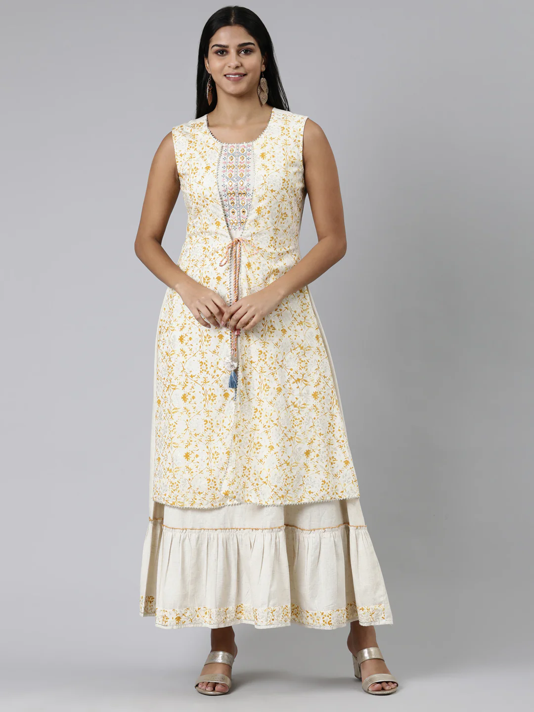 Neerus Cream Straight Printed Viscose Rayon Kurta