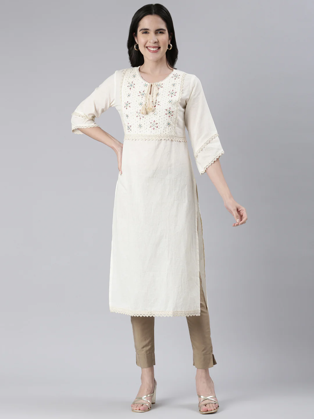 Neerus Cream Straight Solid Cotton Kurta - Image 5