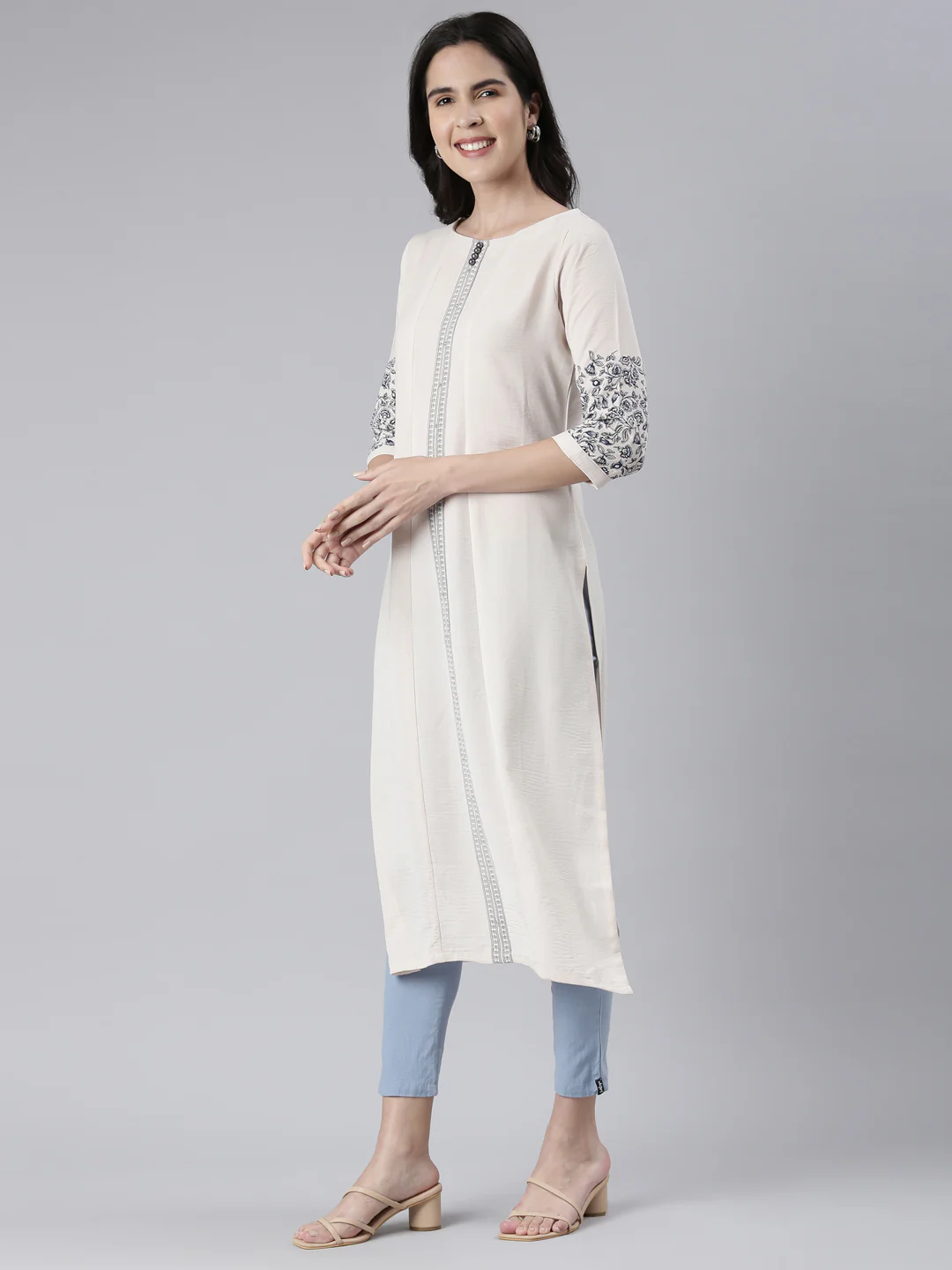 Neerus Cream Straight Solid Cotton Kurta - Image 2