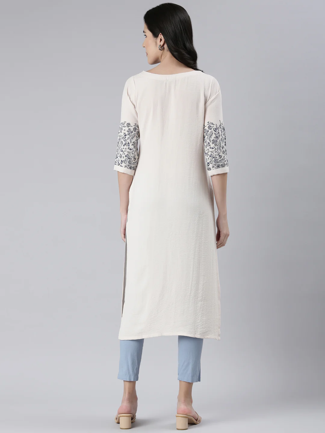 Neerus Cream Straight Solid Cotton Kurta - Image 3