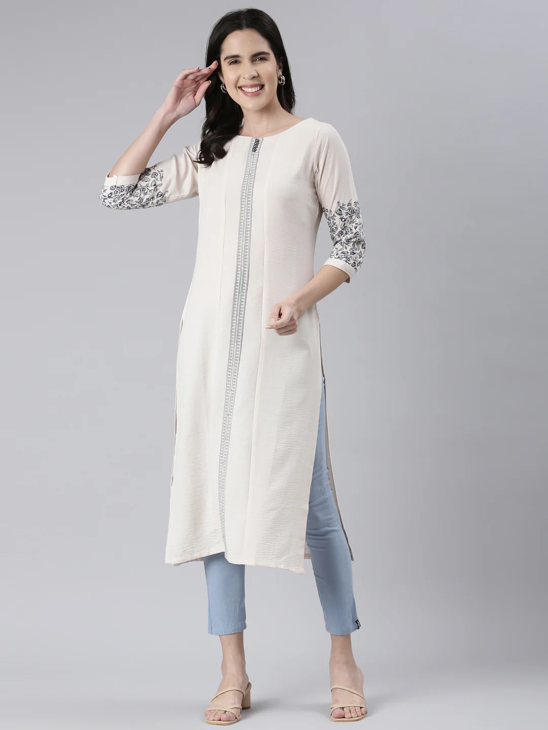 Neerus Cream Straight Solid Cotton Kurta - Image 5