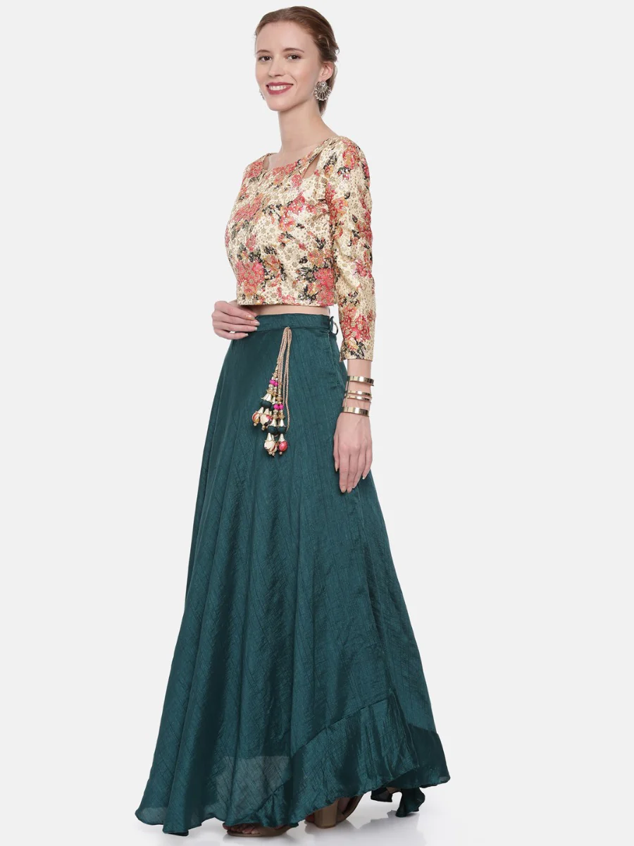 Neerus Cream & Teal Embellished Lehenga Set - Image 4
