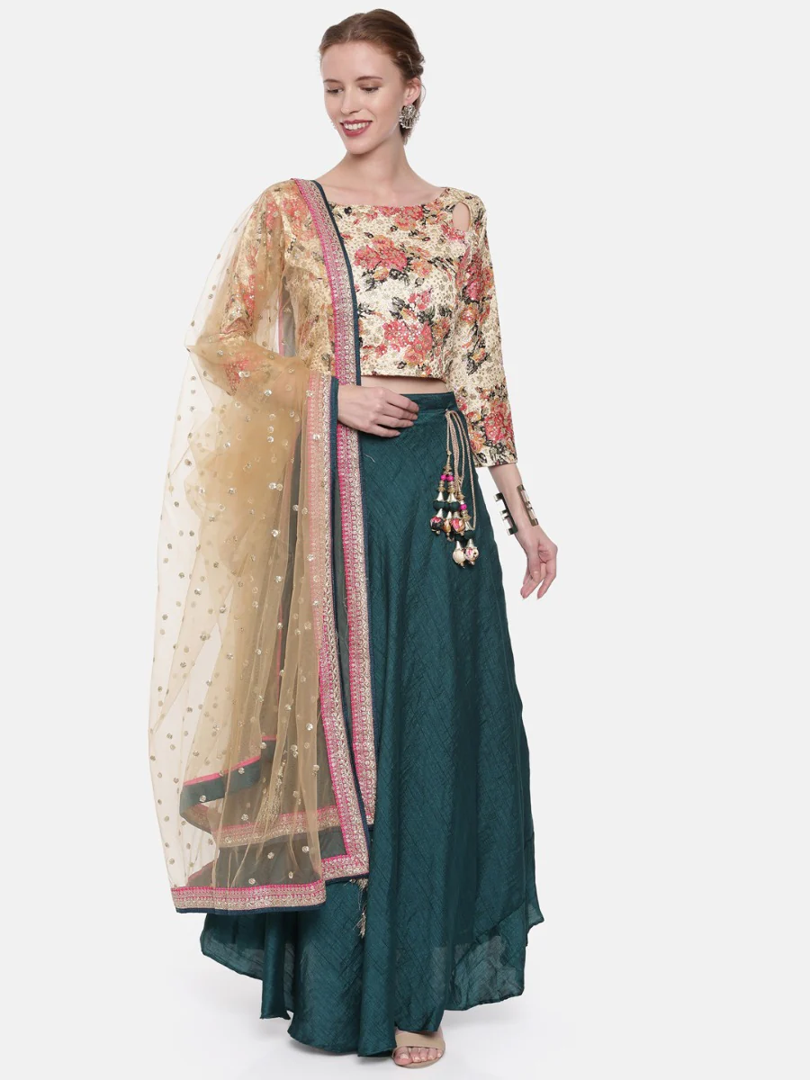 Neerus Cream & Teal Embellished Lehenga Set - Image 7