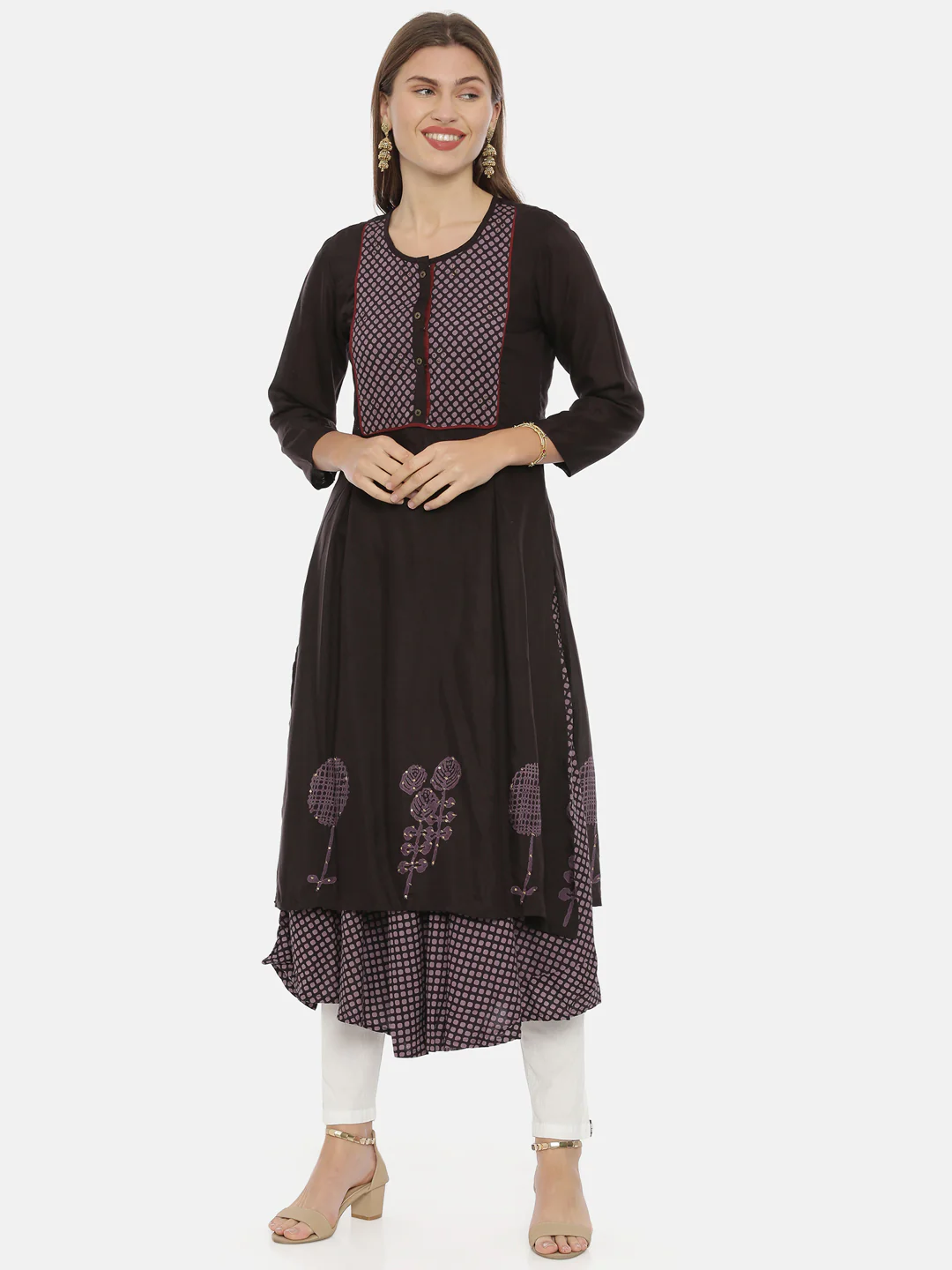 Neerus Dark Brown A Line Kurta - Image 6