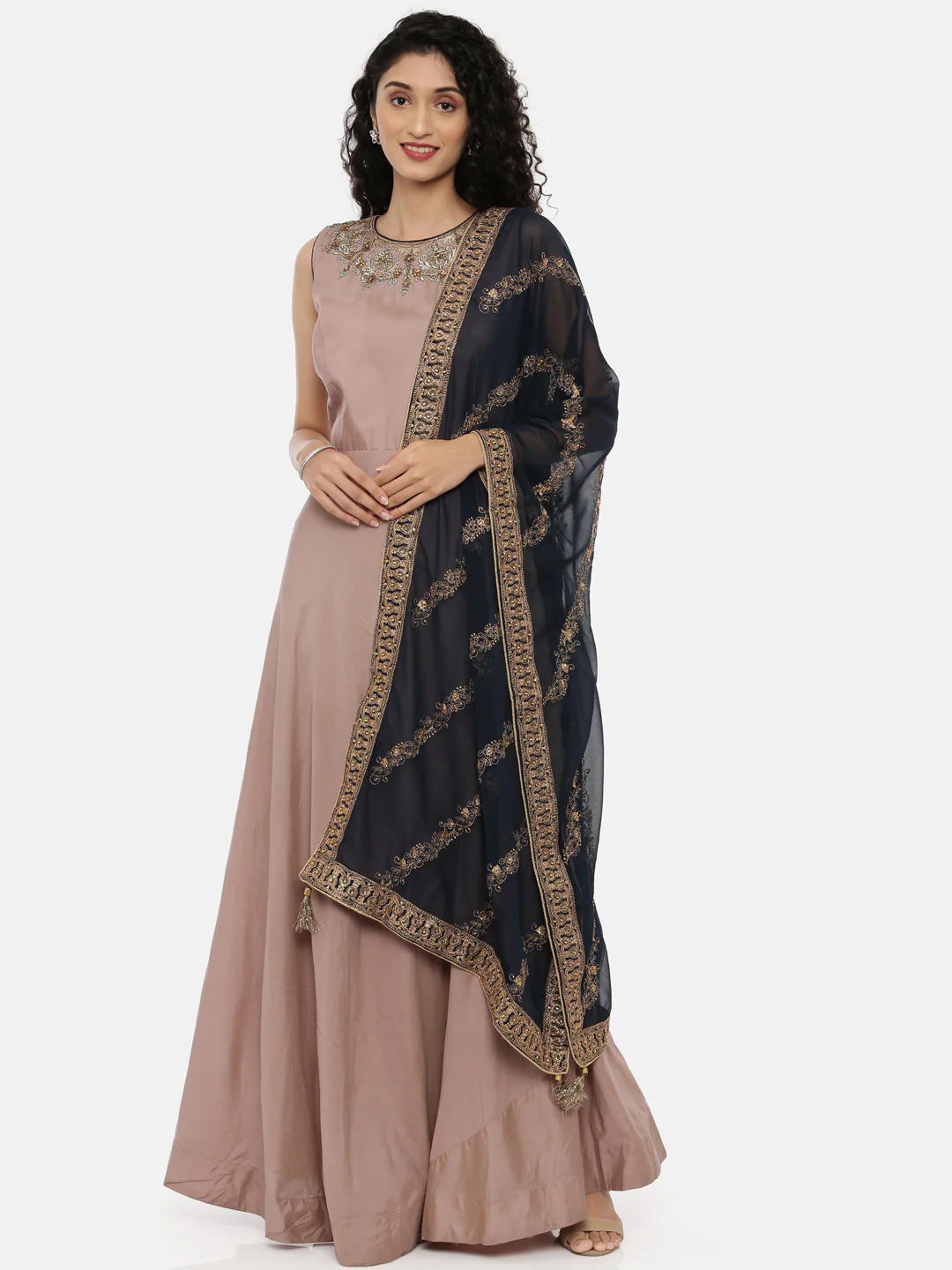 Neerus Dusty Pink Embroidered Kurta With Churidar & Dupatta