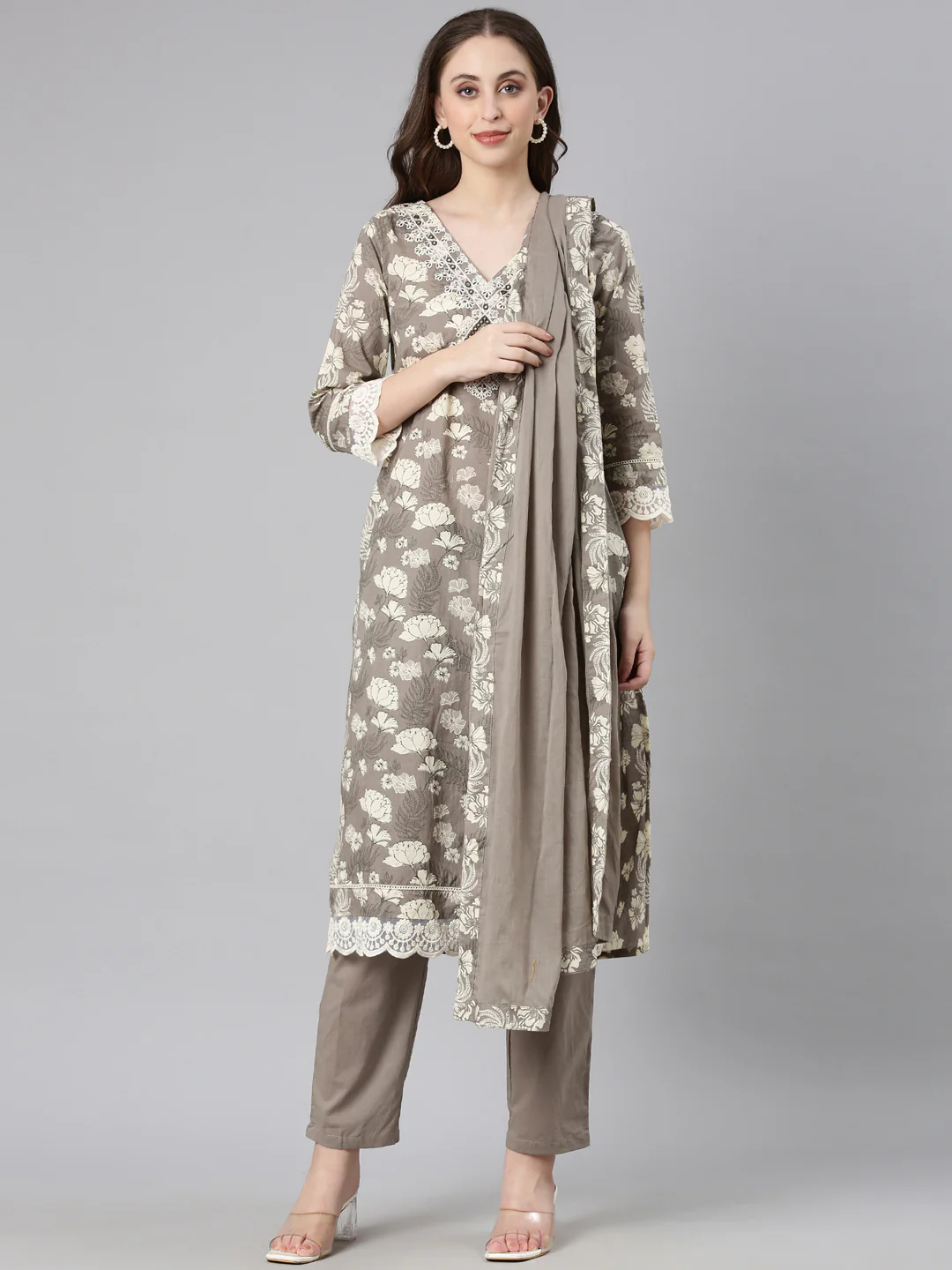 Neerus Elephant grey Printed Straight Kurta and Trousers With Dupatta