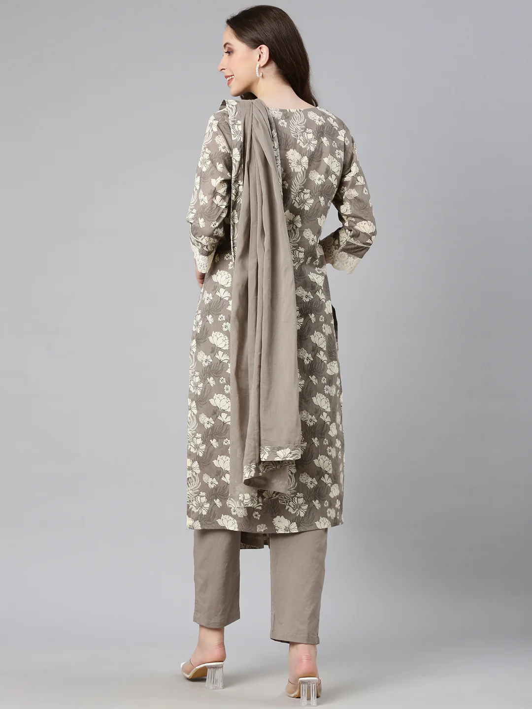 Neerus Elephant grey Printed Straight Kurta and Trousers With Dupatta - Image 3