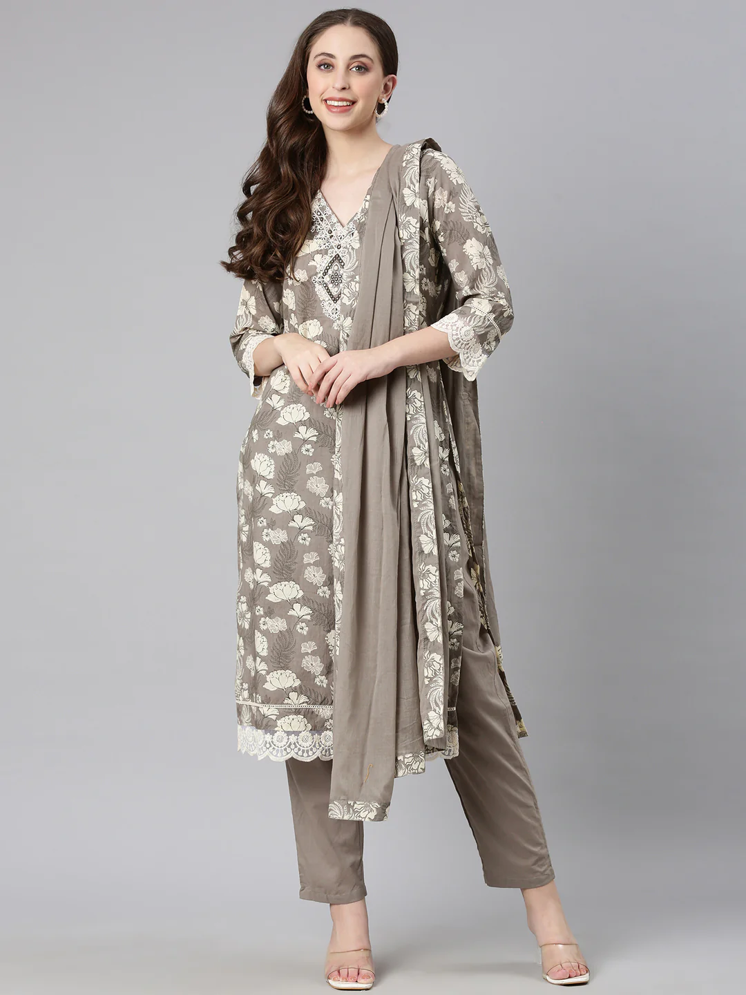 Neerus Elephant grey Printed Straight Kurta and Trousers With Dupatta - Image 5