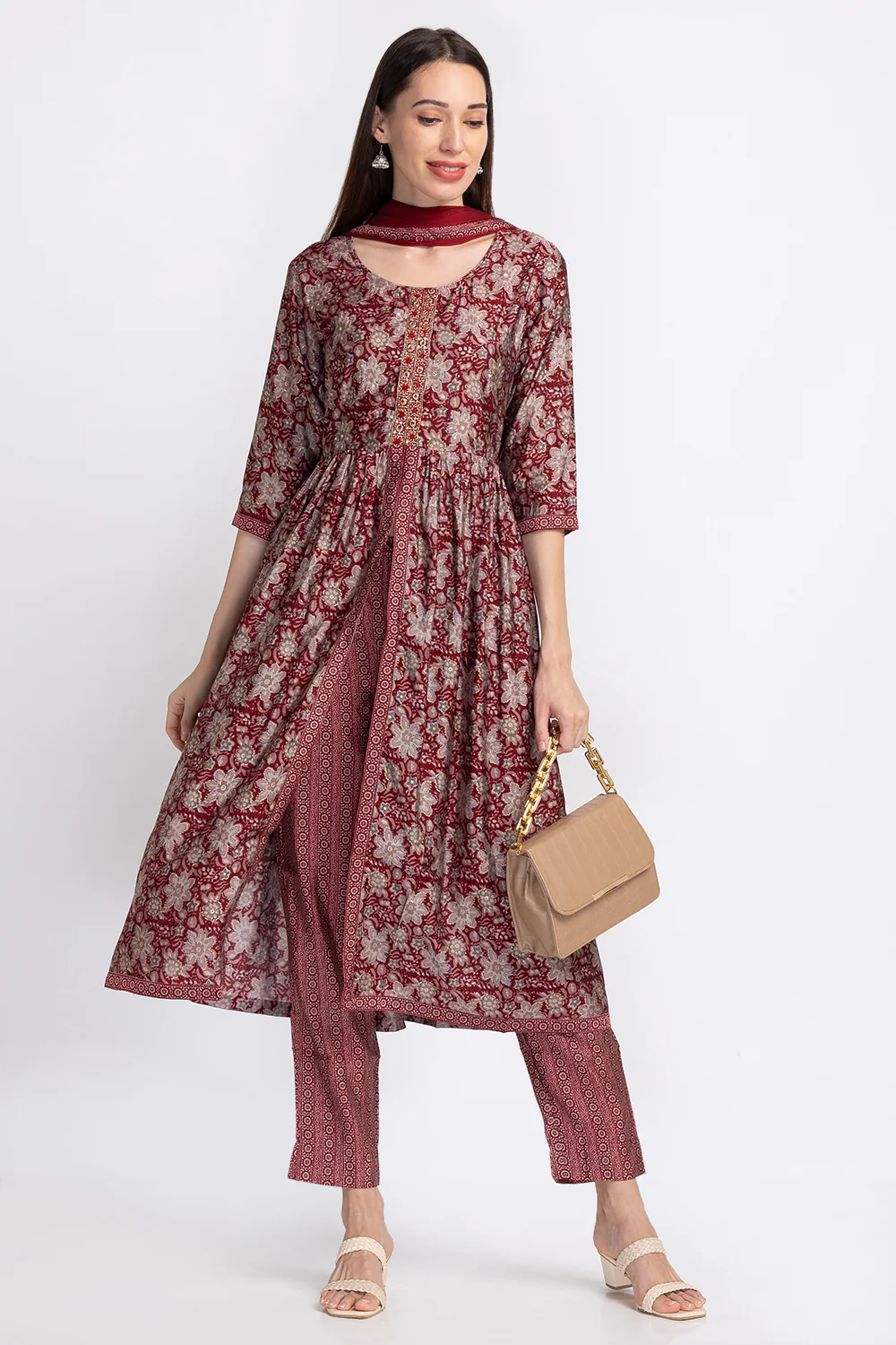 Neerus Embroidered A-Line Kurta with Trousers With Dupatta
